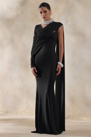 Rubelle | Black Asymmetric-Neck Maxi Dress With Draped-Detailing