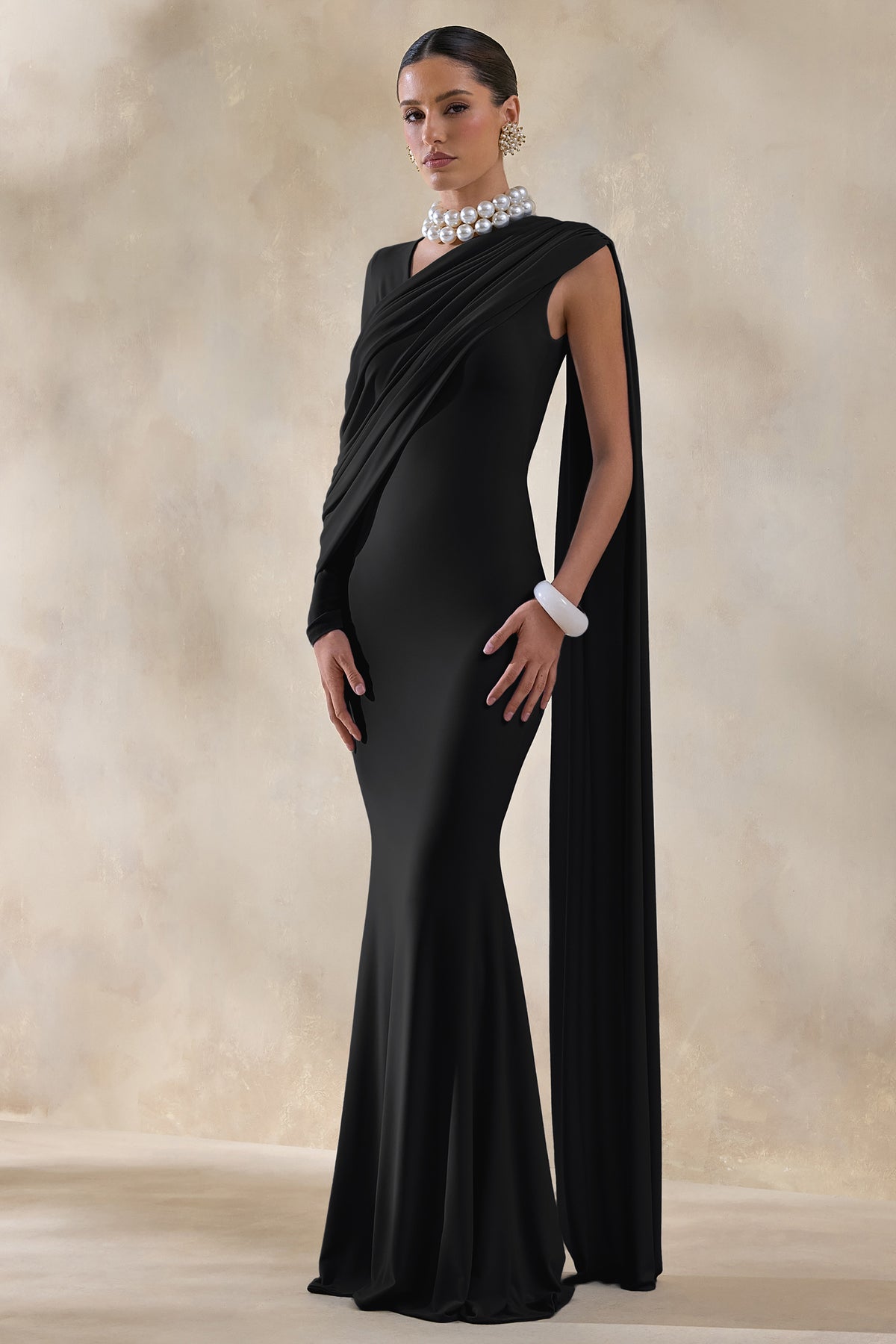 Rubelle | Black Asymmetric-Neck Maxi Dress With Draped-Detailing - UK 6 Black Rubelle | Black Asymmetric-Neck Maxi Dress With Draped-Detailing - UK 6 Black