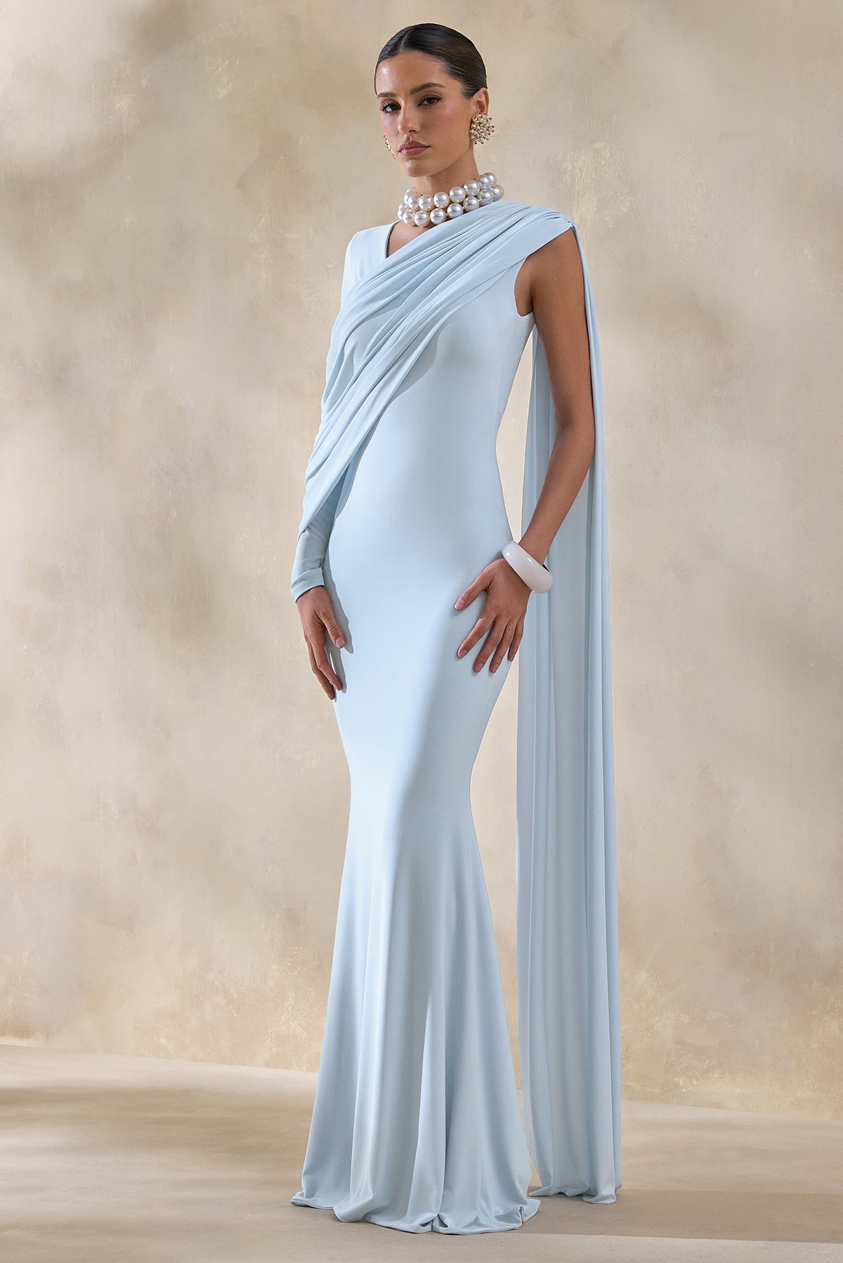 Rubelle Powder Blue Asymmetric-Neck Maxi Dress With Draped-Detailing – Club L London Rubelle Powder Blue Asymmetric-Neck Maxi Dress With Draped-Detailing – Club L London