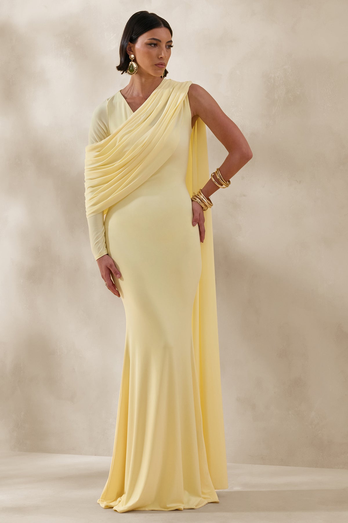 Rubelle | Lemon Asymmetric-Neck Maxi Dress With Draped-Detailing - UK 6 Lemon Rubelle | Lemon Asymmetric-Neck Maxi Dress With Draped-Detailing - UK 6 Lemon