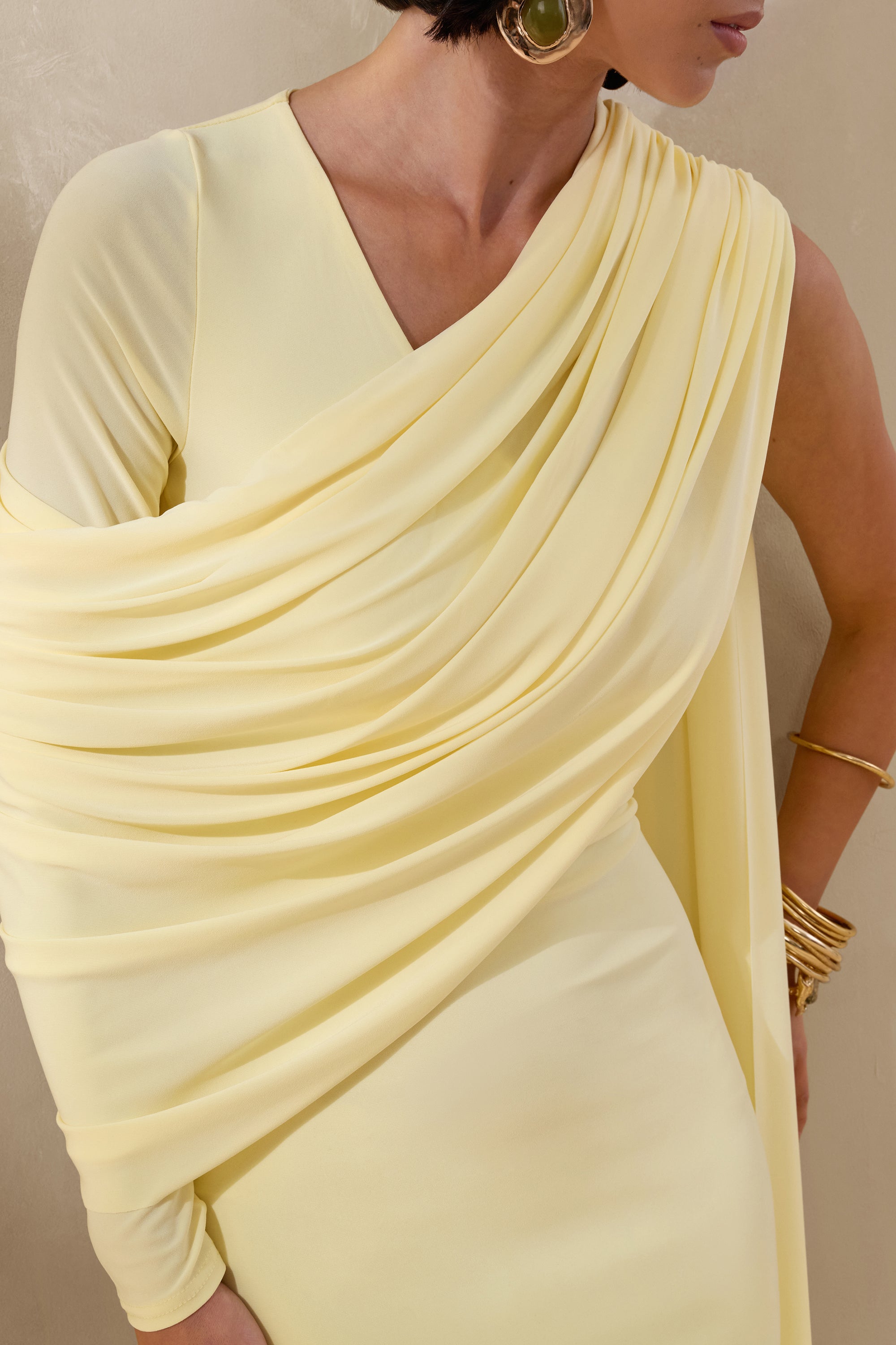 mustard asymmetric drape detail maxi dress Rubelle | Lemon Asymmetric-Neck Maxi Dress With Draped-Detailing