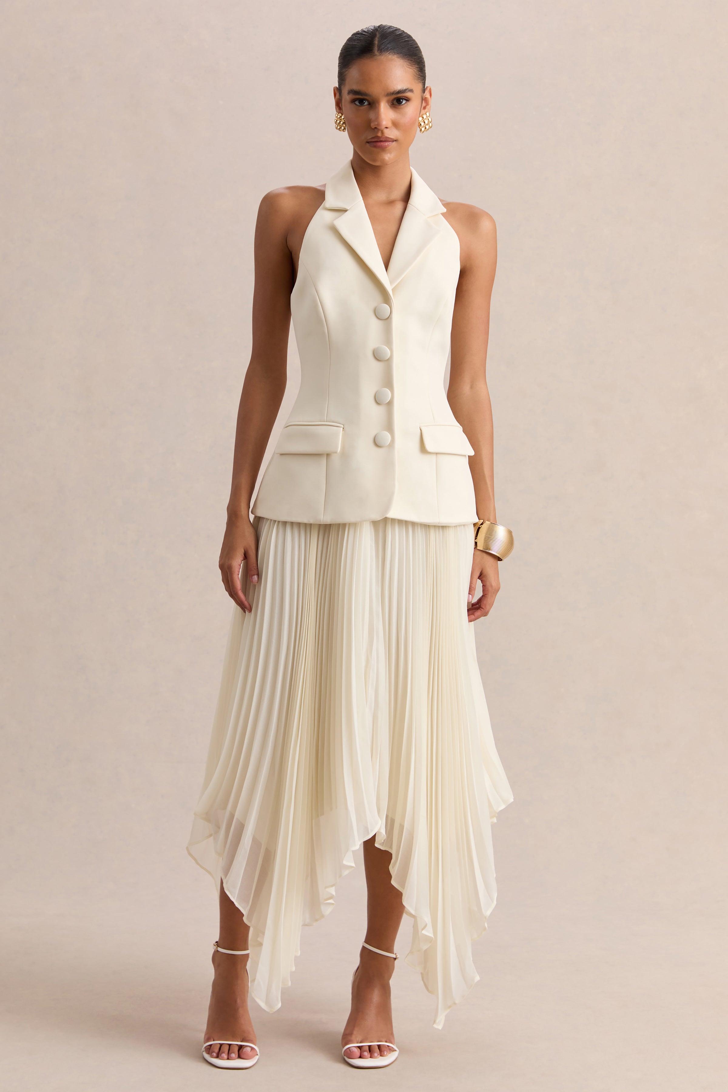 Marvelle | Cream Plunge-Neck Maxi Dress With Hanky Hem – Club L