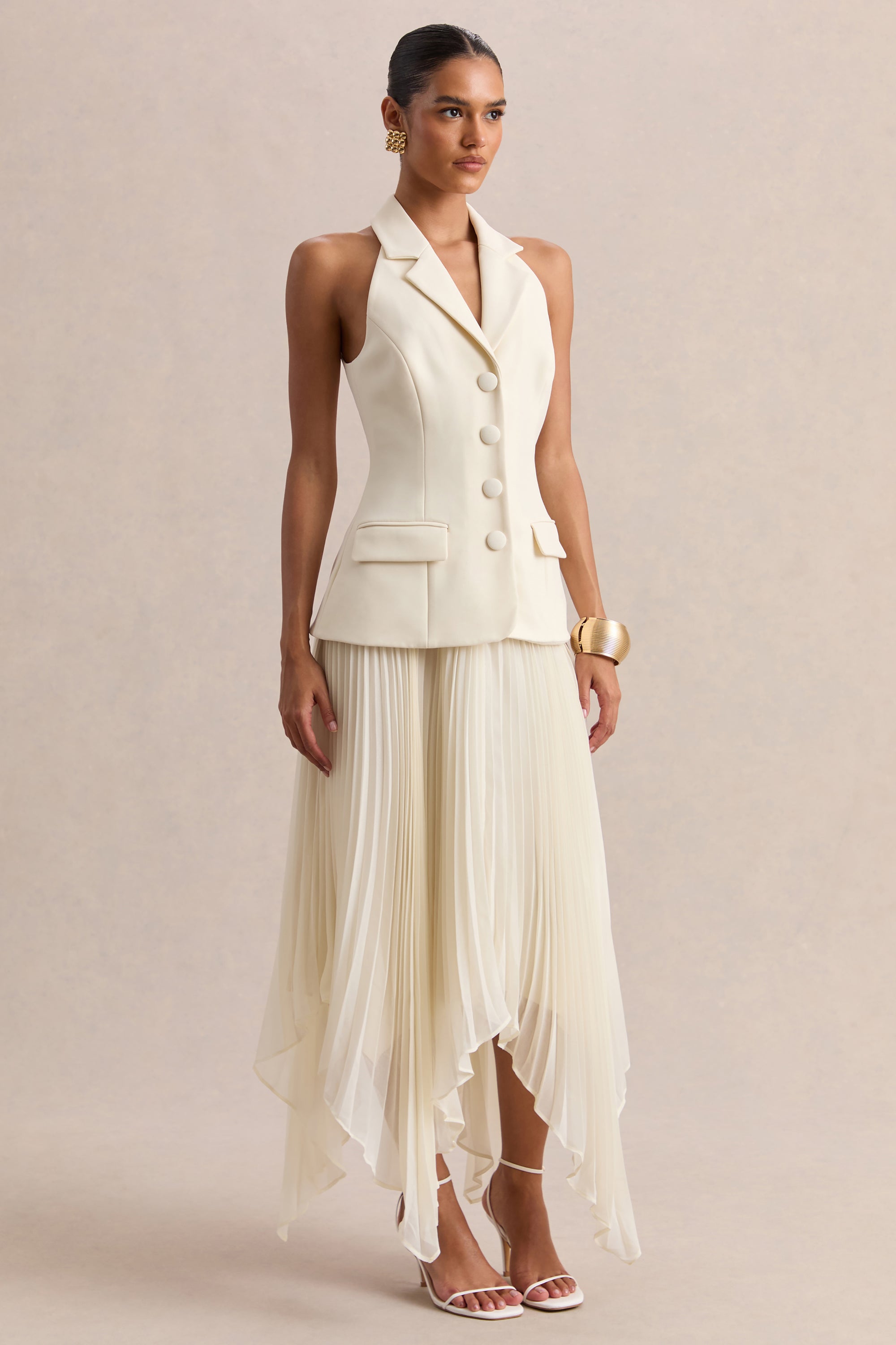 cream plunge dress Marvelle | Cream Plunge-Neck Maxi Dress With Hanky Hem