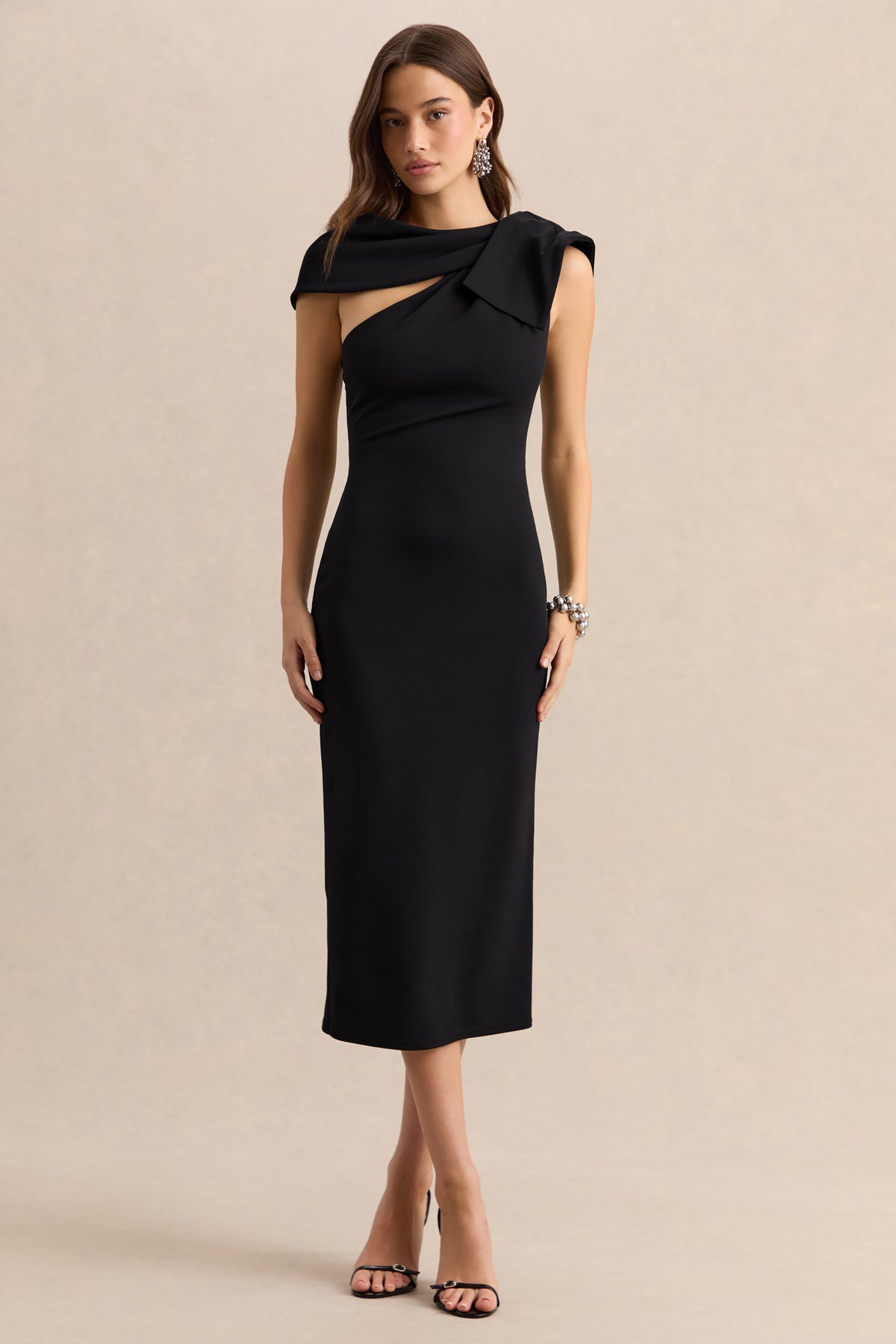Clarina | Black Asymmetric-Neck Midi Dress With Bow-Detail - UK 8 Black Clarina | Black Asymmetric-Neck Midi Dress With Bow-Detail - UK 8 Black