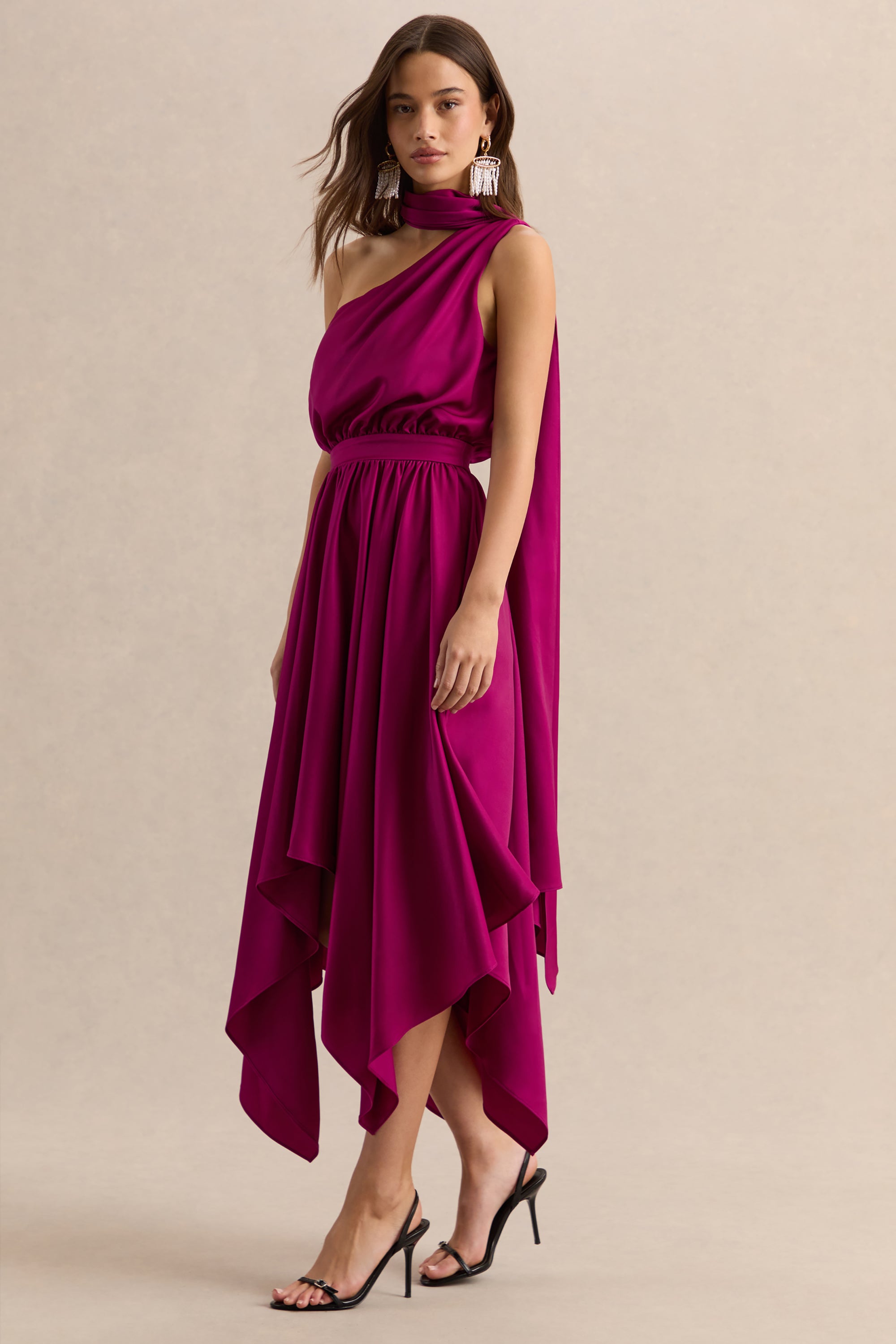Caluna | HOT PINK Satin Asymmetric-Neck Midi Dress With Scarf-Detail