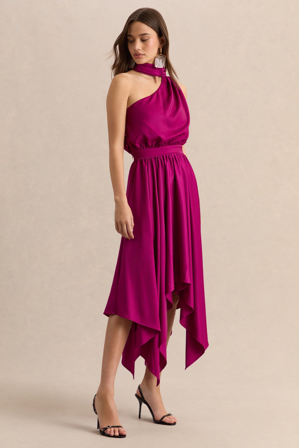 Caluna Hot Pink Satin Asymmetric-Neck Midi Dress With Scarf-Detail – Club L  London