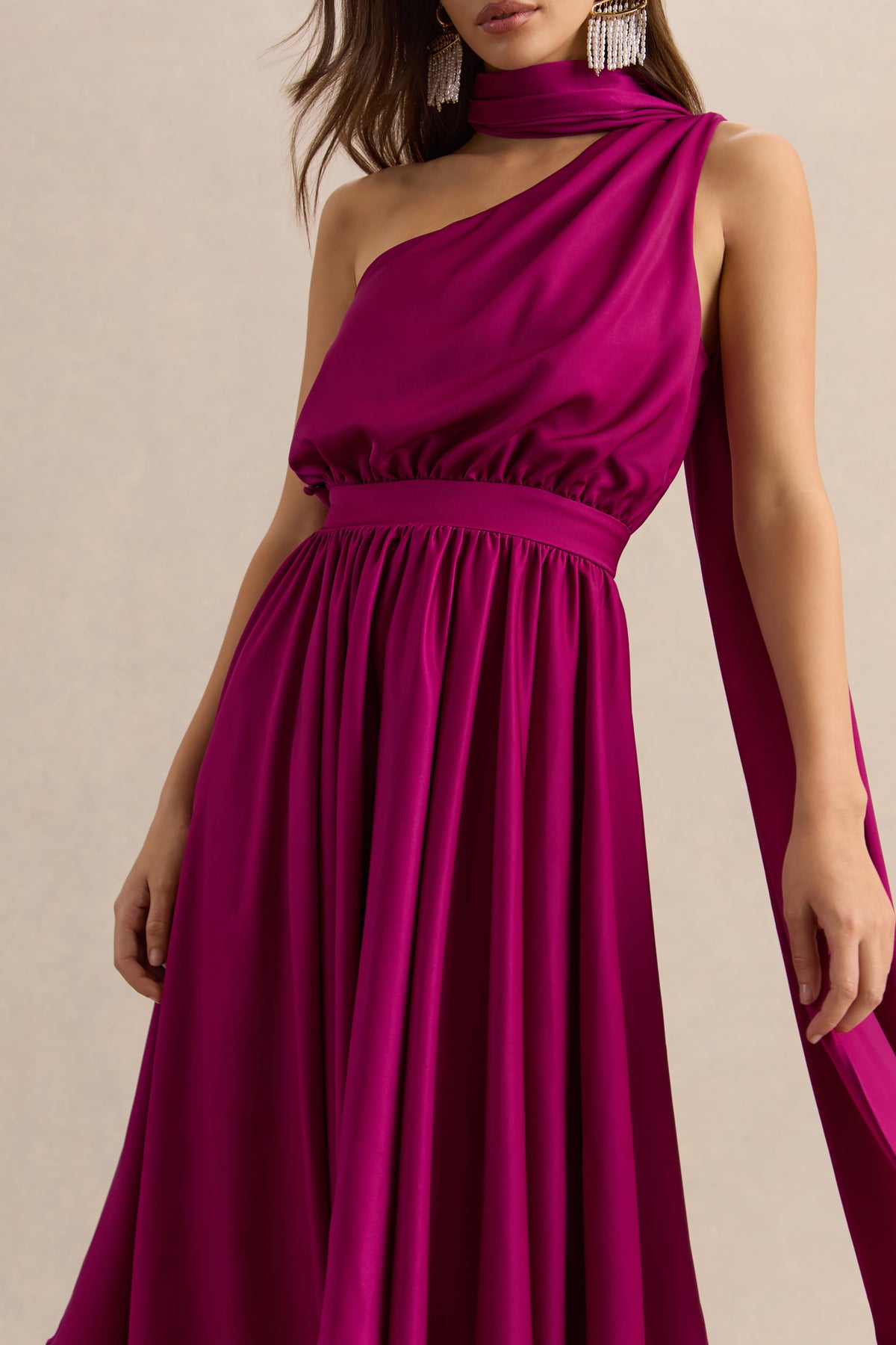 Caluna Hot Pink Satin Asymmetric-Neck Midi Dress With Scarf-Detail Club L London - USA Caluna Hot Pink Satin Asymmetric-Neck Midi Dress With Scarf-Detail Club L London - USA