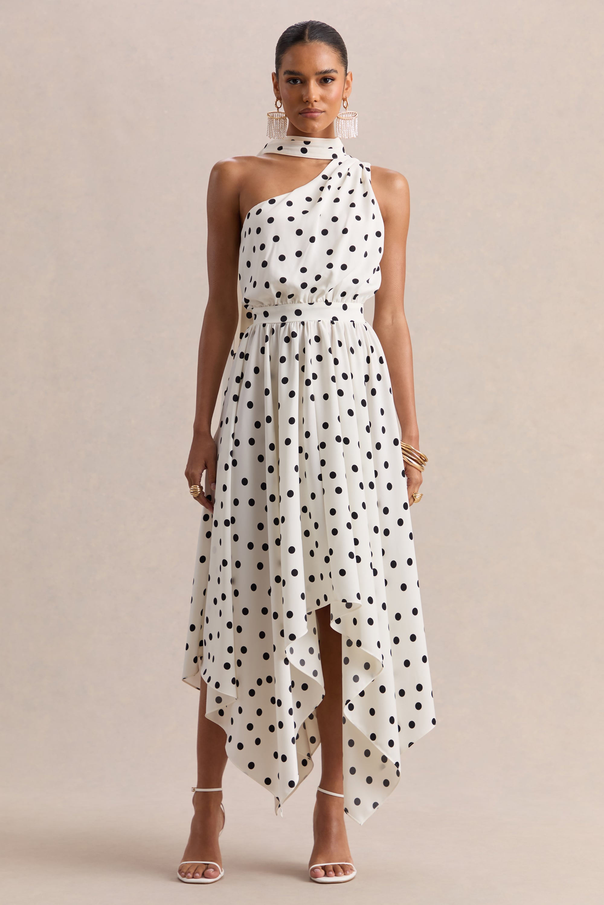 black and white polka dot one shoulder dress One Shoulder Black and White Satin Puff Sleeves Boho Maxi Polka Dot Dress