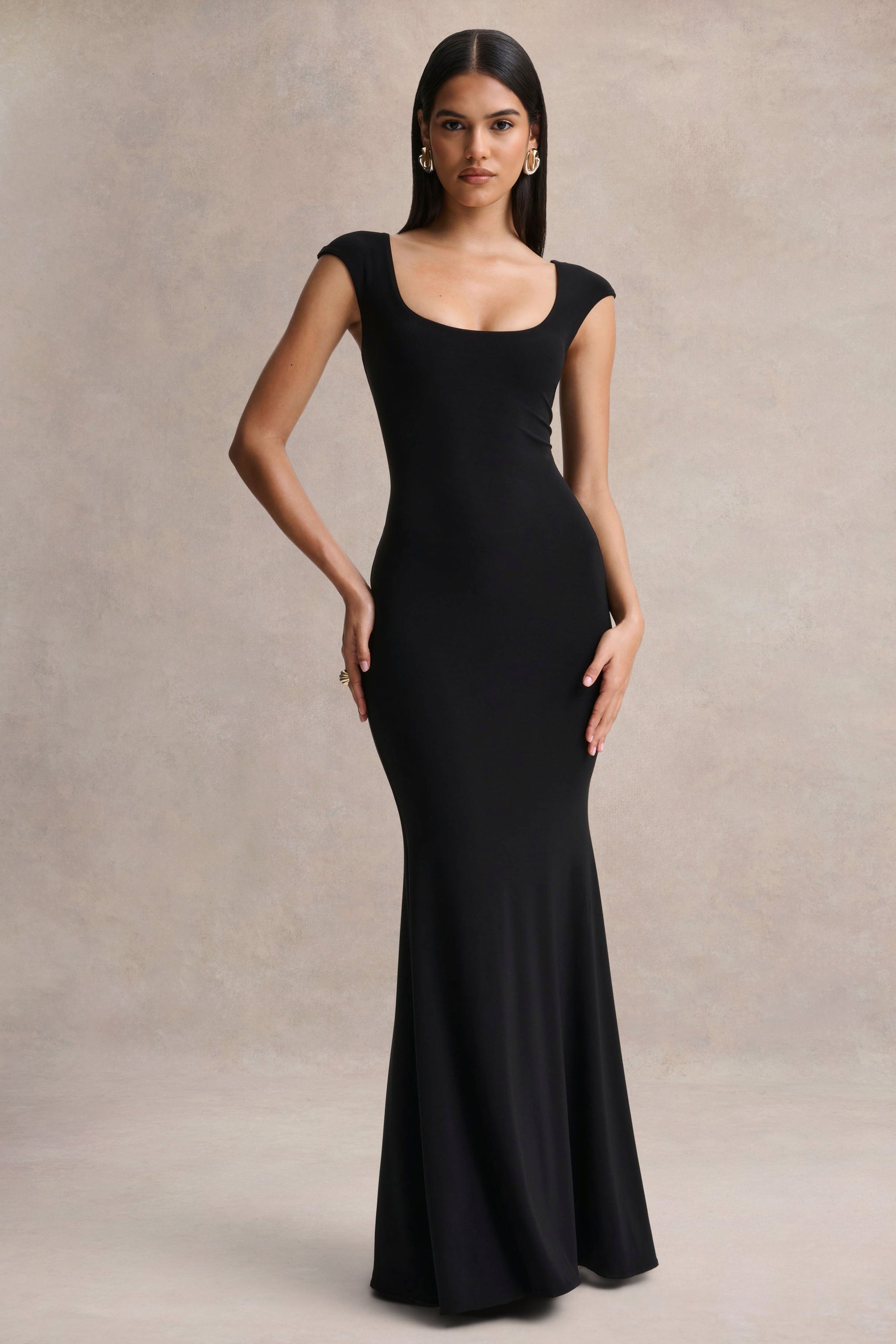 long black dress with cap sleeves Black Cap Sleeve Dress - Column Maxi Dress - Techno Crepe Dress