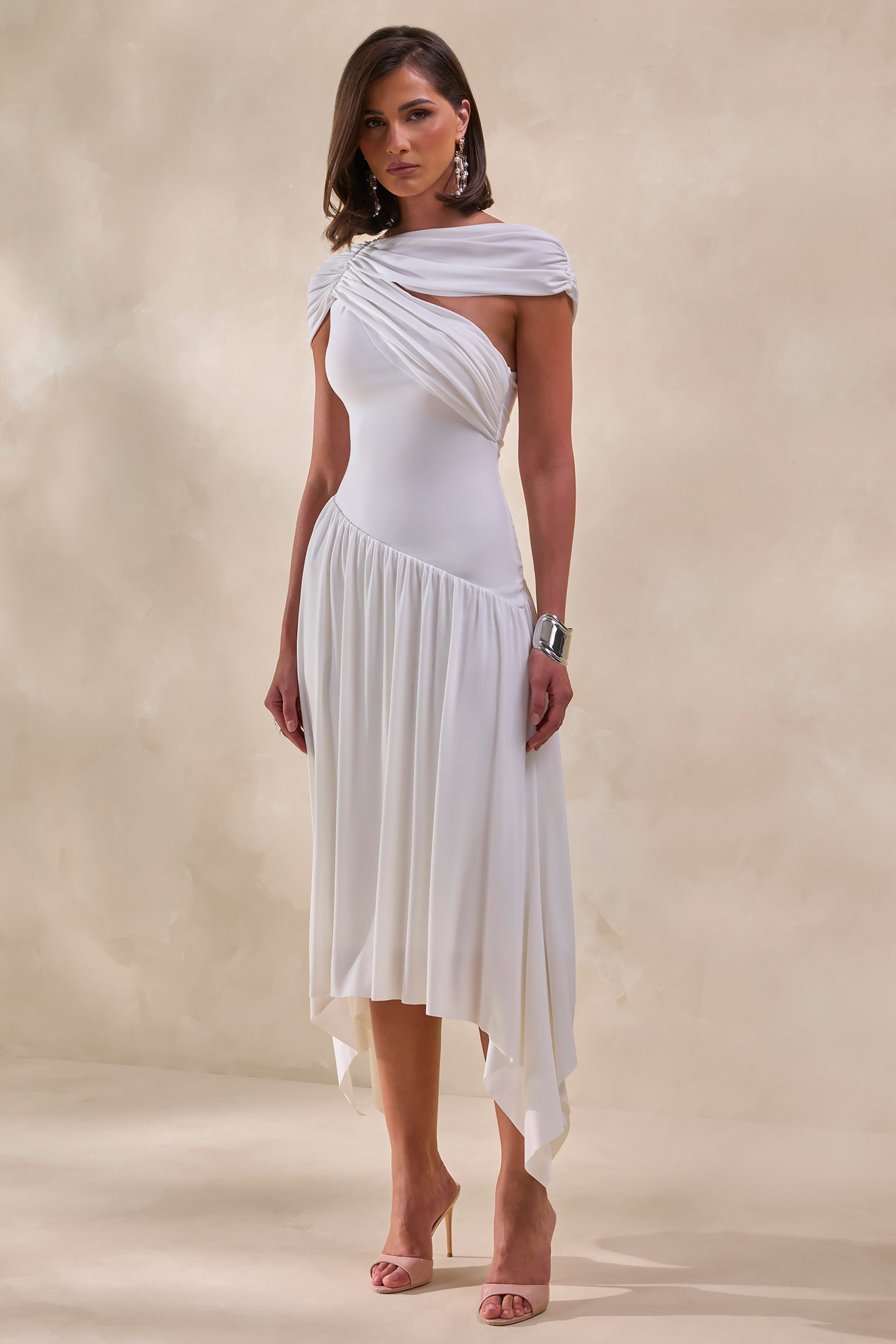 high neck midi dress white Fire Of Stars Halterneck from weddings to races Women's White Boat-Neck Midi Dress
