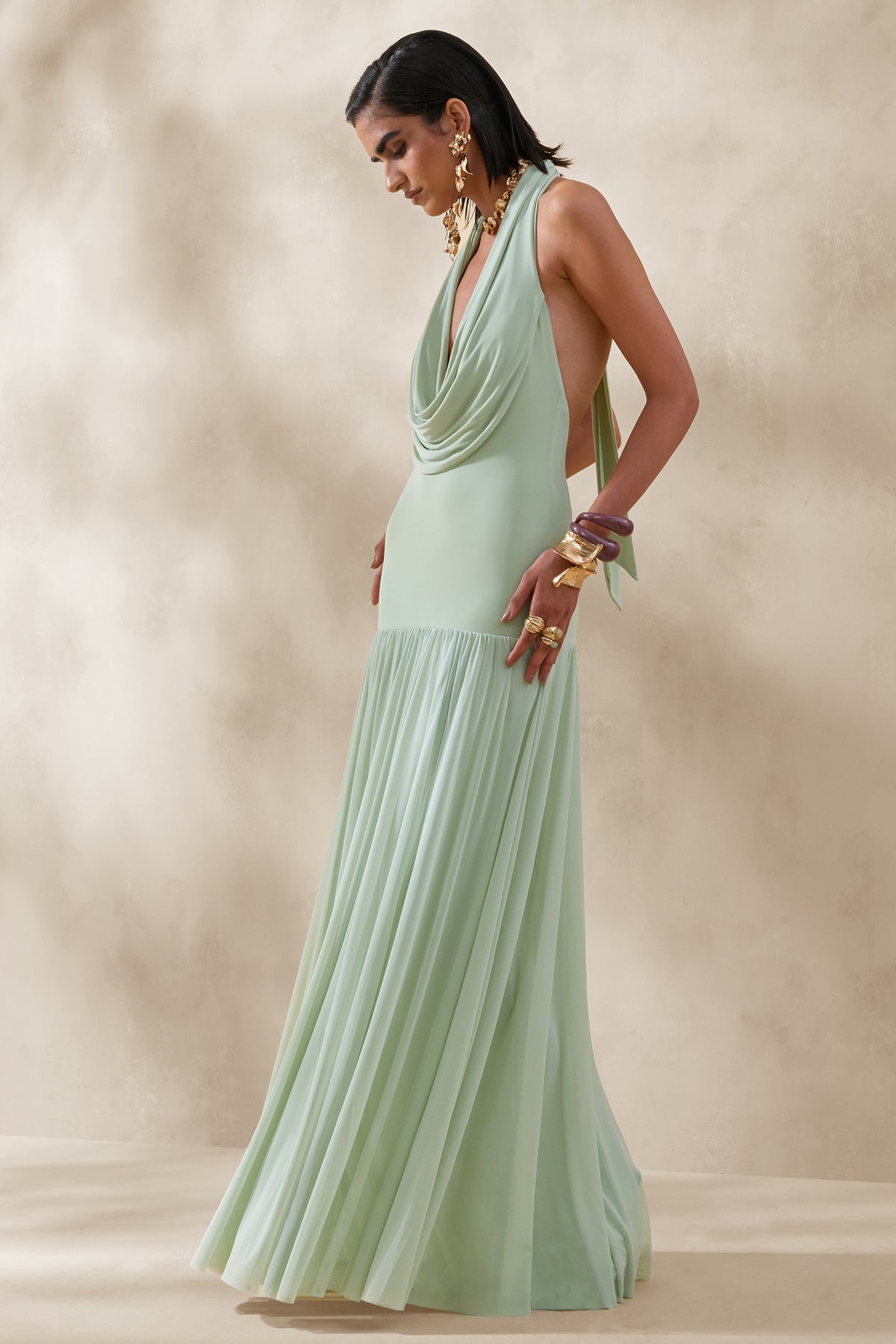 Verity Green Cowl-Neck Maxi Dress With Sheer-Skirt – Club L London
