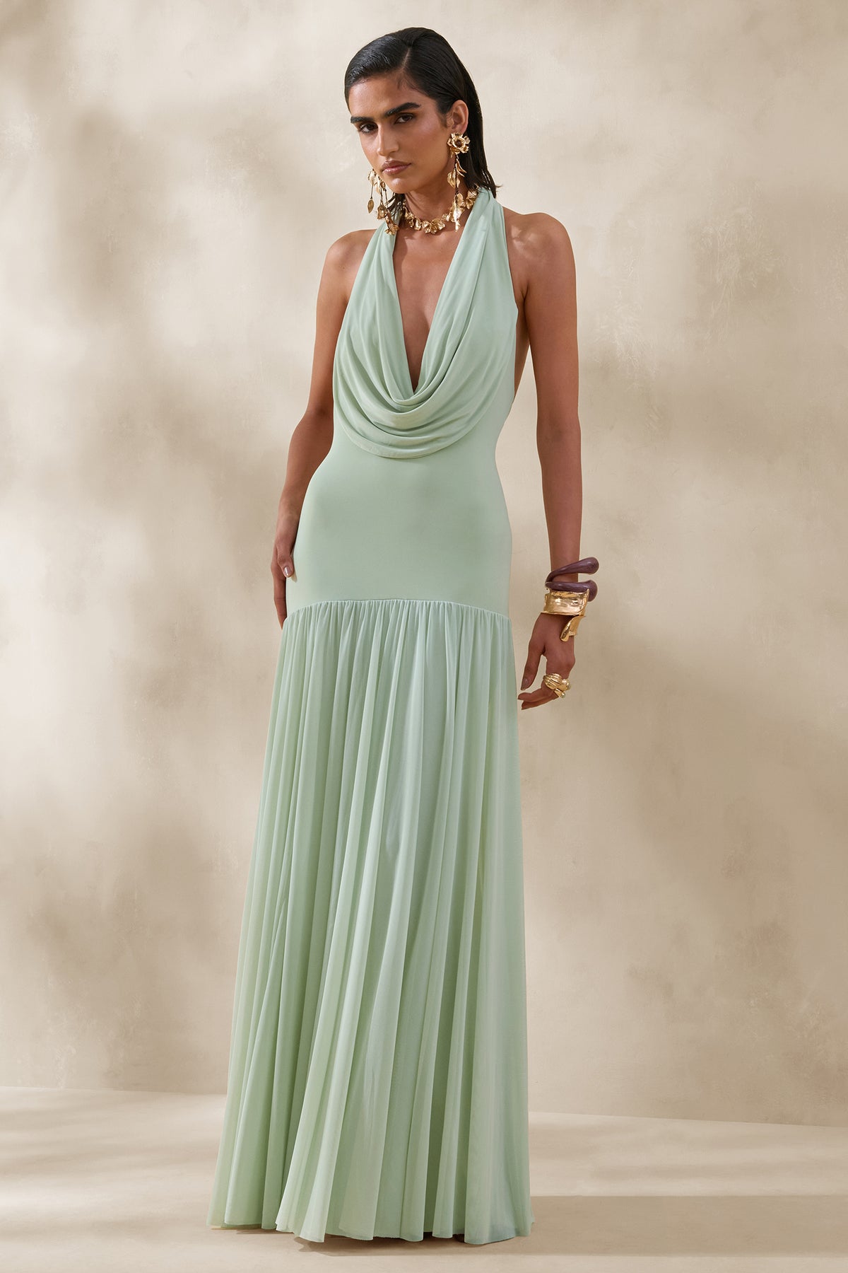 Verity Green Cowl-Neck Maxi Dress With Sheer-Skirt Club L London - USA Verity Green Cowl-Neck Maxi Dress With Sheer-Skirt Club L London - USA