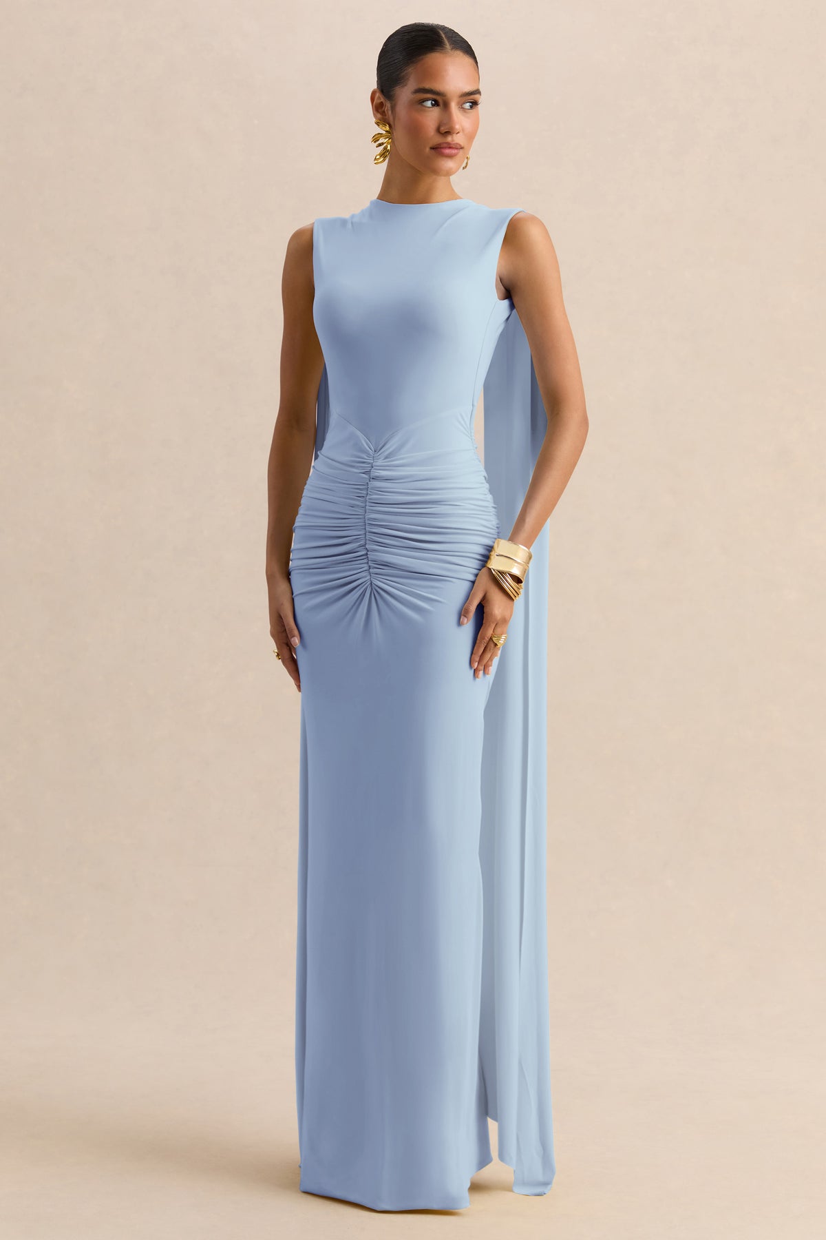 Premiere Powder Blue Boat-Neck Maxi Dress With Cape-Sleeves And Open Club L London - USA Premiere Powder Blue Boat-Neck Maxi Dress With Cape-Sleeves And Open Club L London - USA