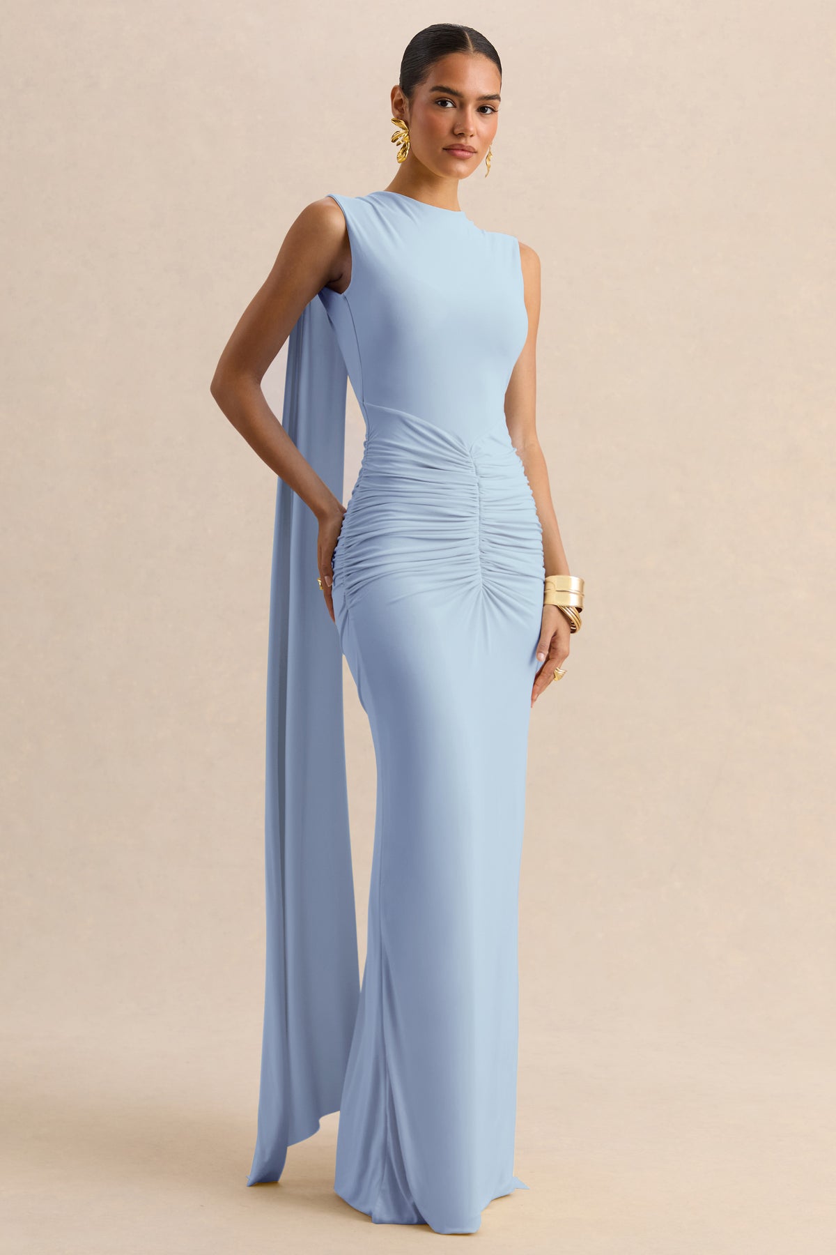 Premiere Powder Blue Boat-Neck Maxi Dress With Cape-Sleeves And Open Club L London - USA Premiere Powder Blue Boat-Neck Maxi Dress With Cape-Sleeves And Open Club L London - USA