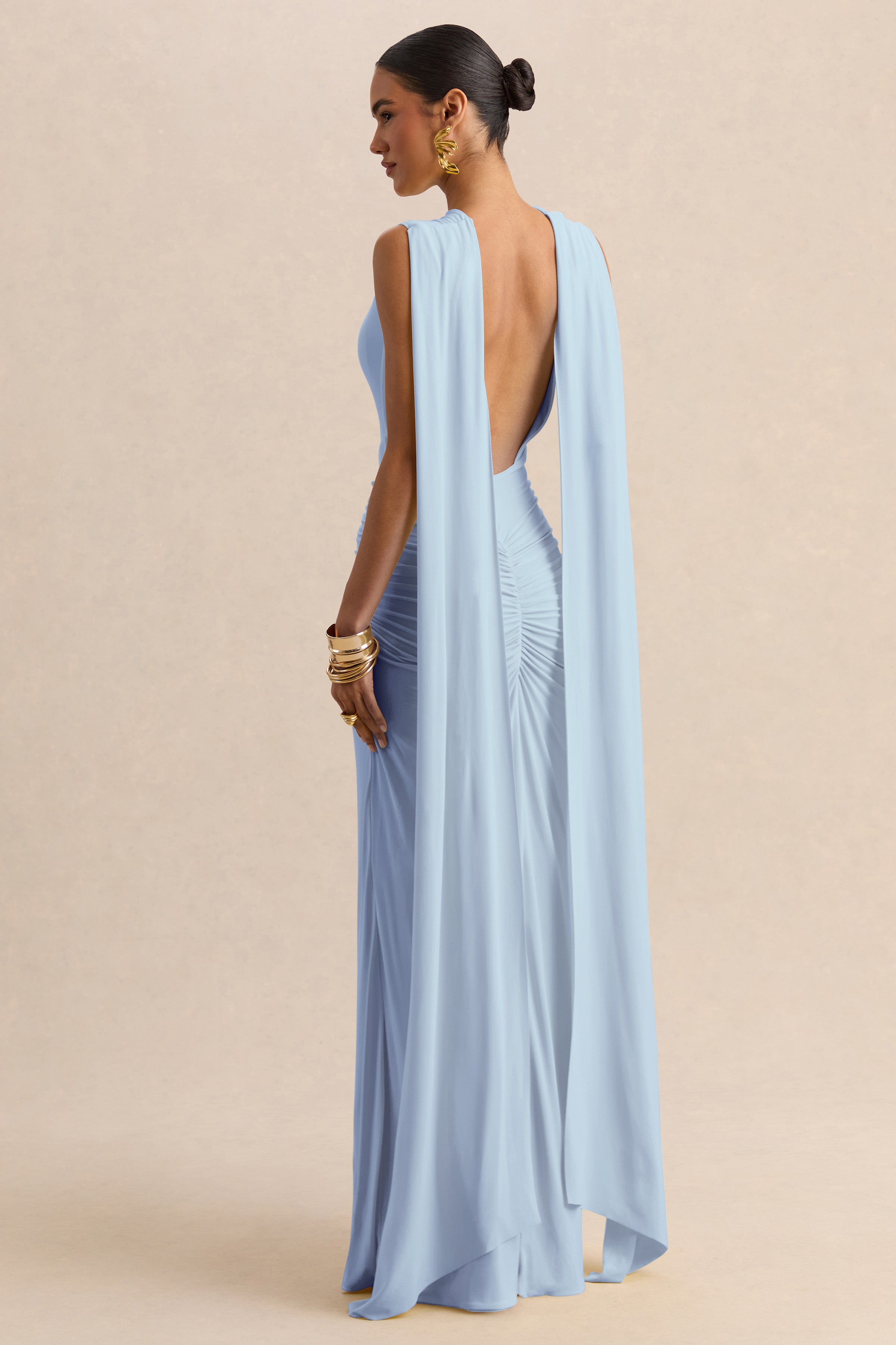 Premiere | Powder Blue Boat-Neck Maxi Dress With Cape-Sleeves And
