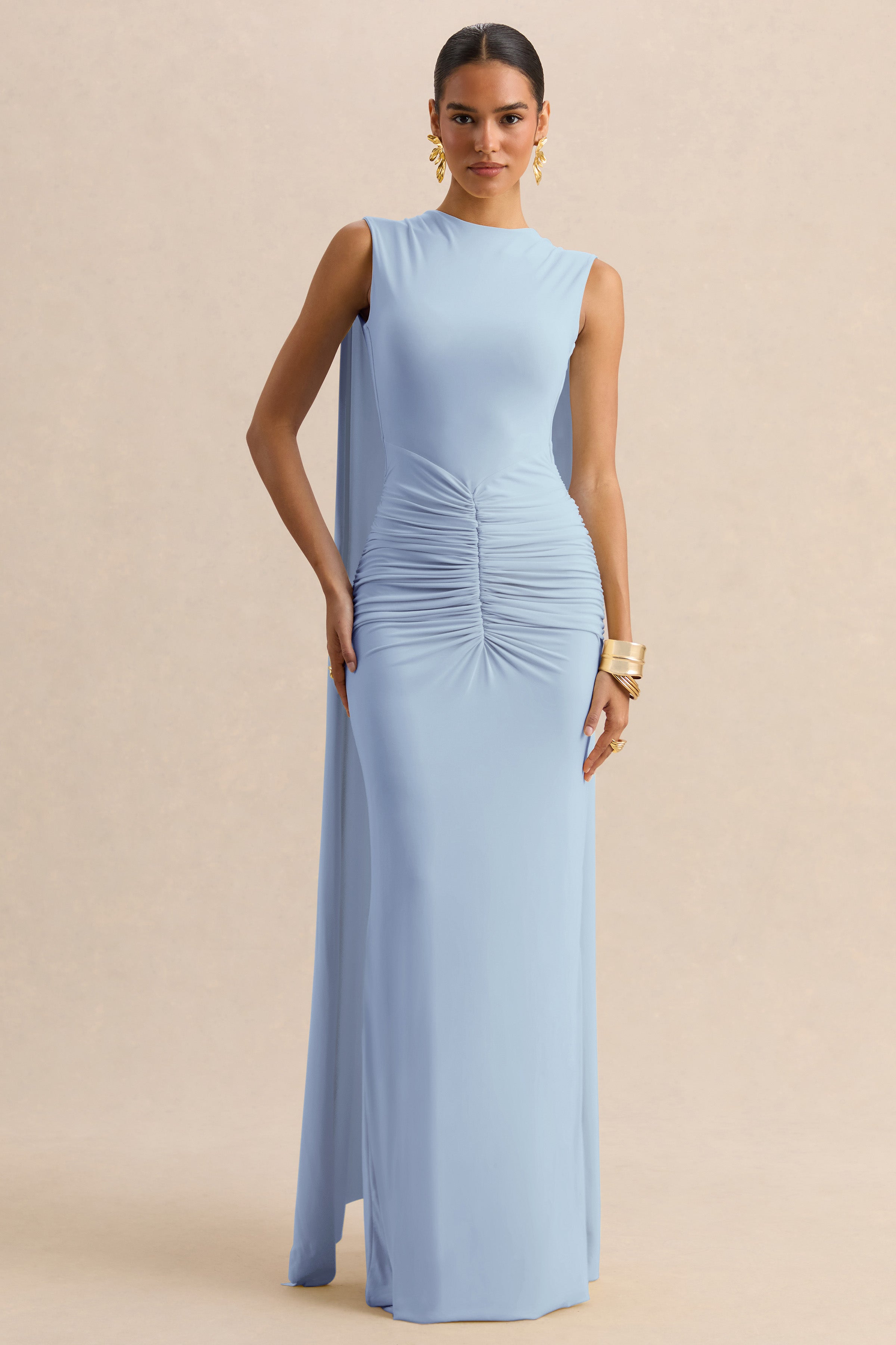 Premiere | Powder Blue Boat-Neck Maxi Dress With Cape-Sleeves And