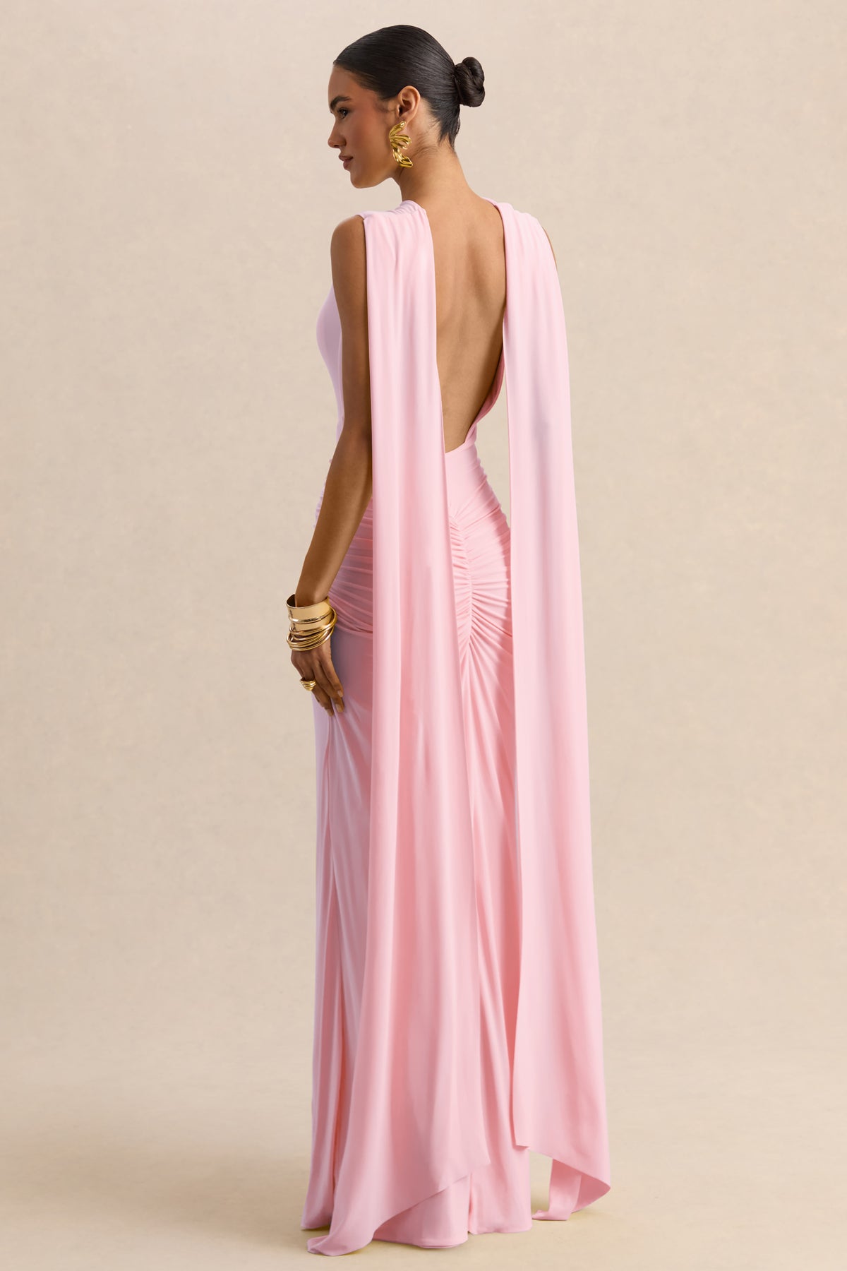 Premiere | Light PINK Boat-Neck Maxi Dress With Cape-Sleeves And Open-Back - UK 14 Light PINK Premiere | Light PINK Boat-Neck Maxi Dress With Cape-Sleeves And Open-Back - UK 14 Light PINK