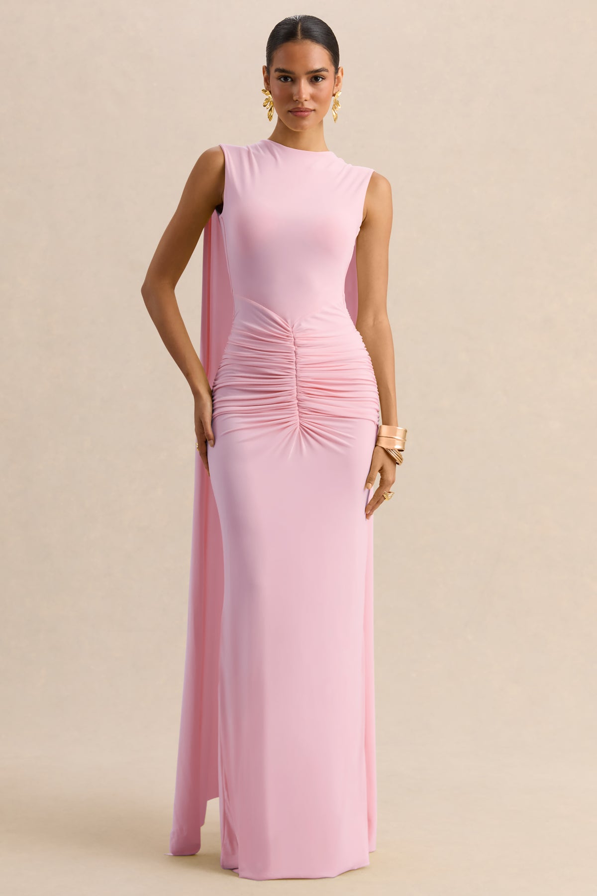 Premiere Light Pink Boat-Neck Maxi Dress With Cape-Sleeves And Open- Club L London - USA Premiere Light Pink Boat-Neck Maxi Dress With Cape-Sleeves And Open- Club L London - USA