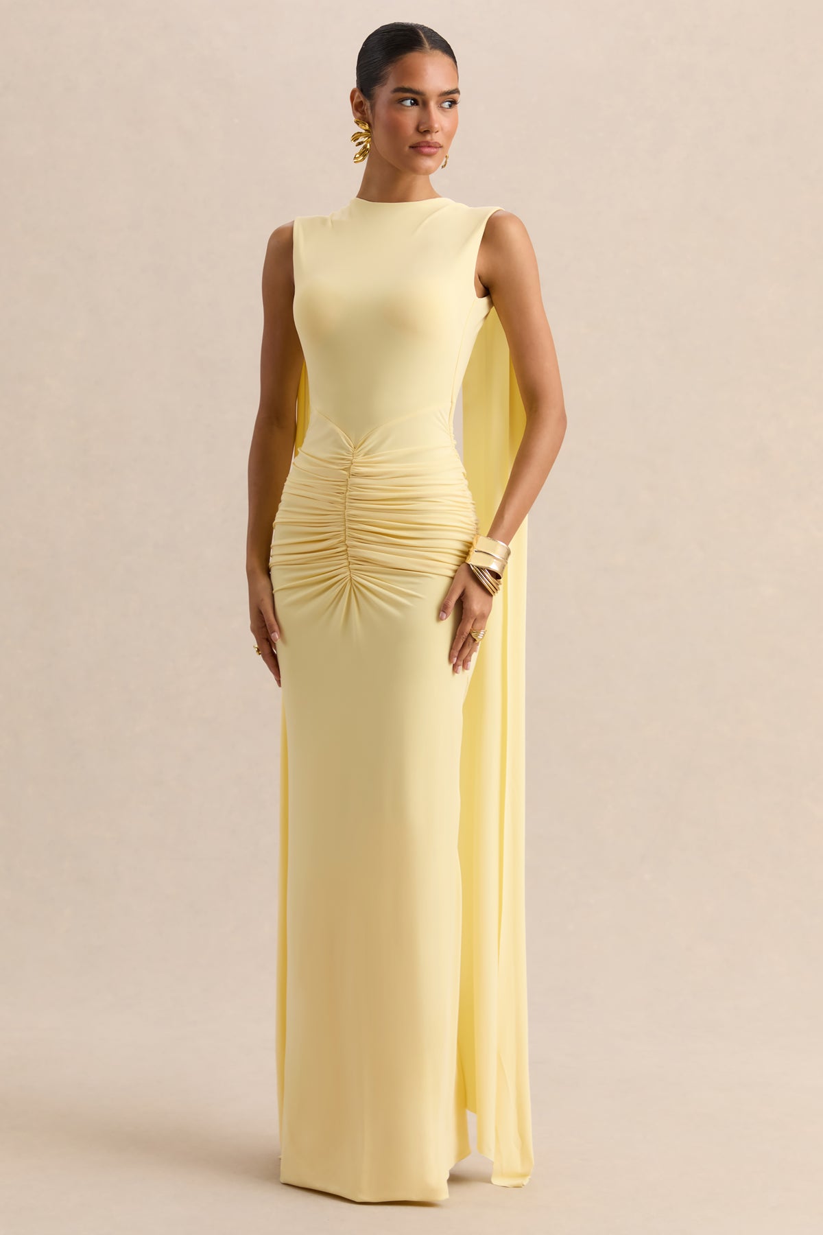 Premiere | Lemon Boat-Neck Maxi Dress With Cape-Sleeves And Open-Back Premiere | Lemon Boat-Neck Maxi Dress With Cape-Sleeves And Open-Back