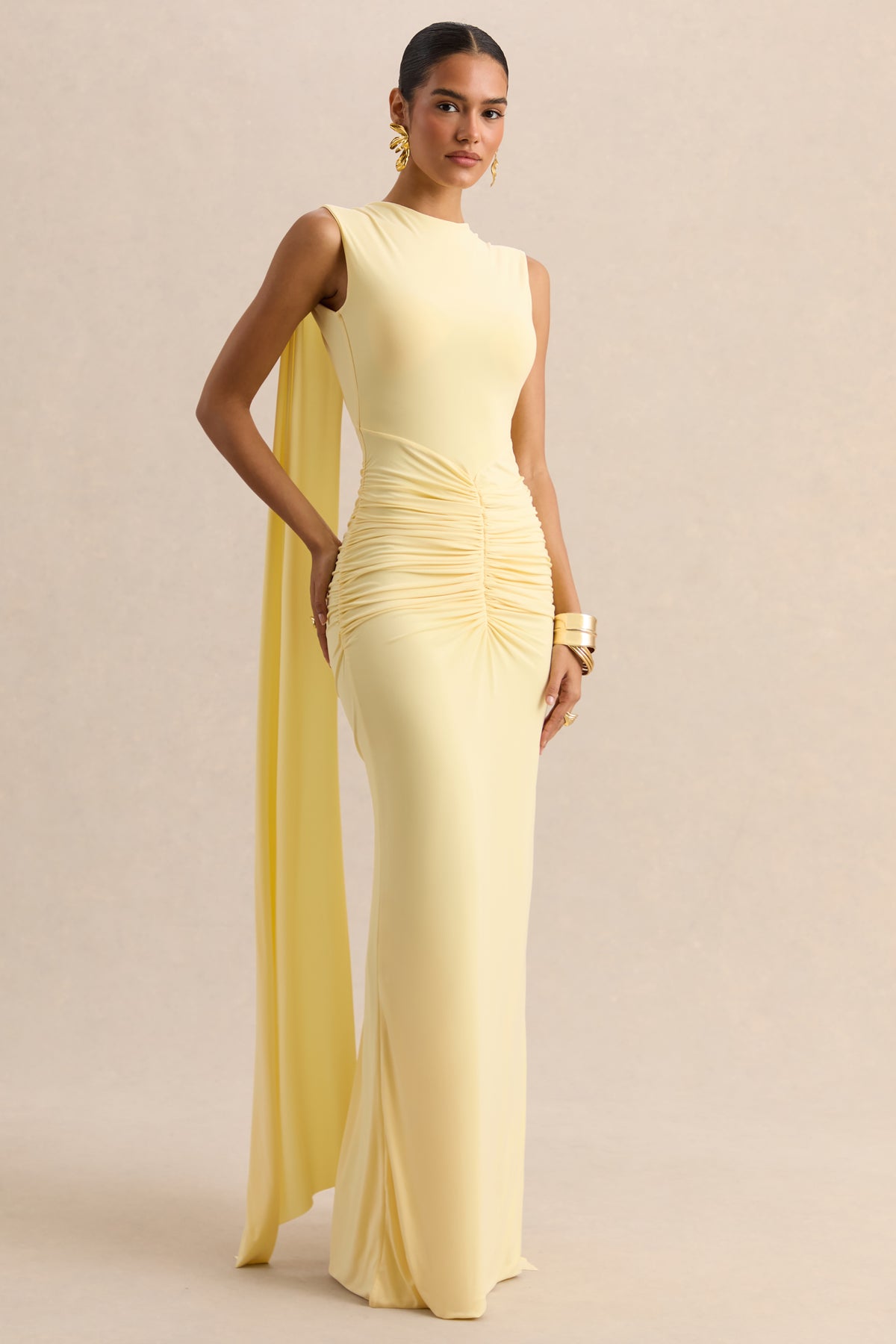 Premiere Lemon Boat-Neck Maxi Dress With Cape-Sleeves And Open-Back Club L London - USA Premiere Lemon Boat-Neck Maxi Dress With Cape-Sleeves And Open-Back Club L London - USA