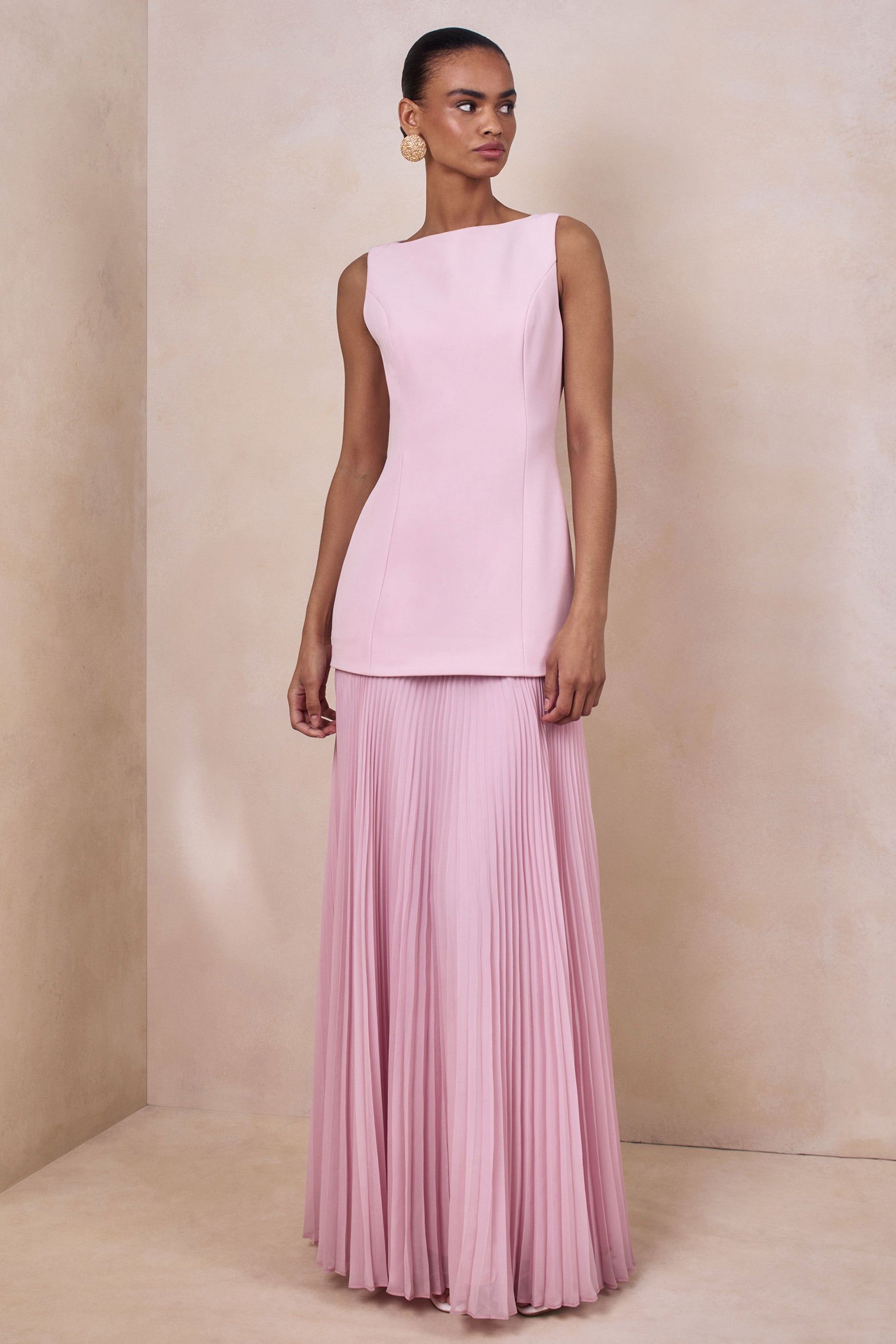 Hadley | Light-Pink Boat-Neck Maxi Dress With Drop-Waist – Club L