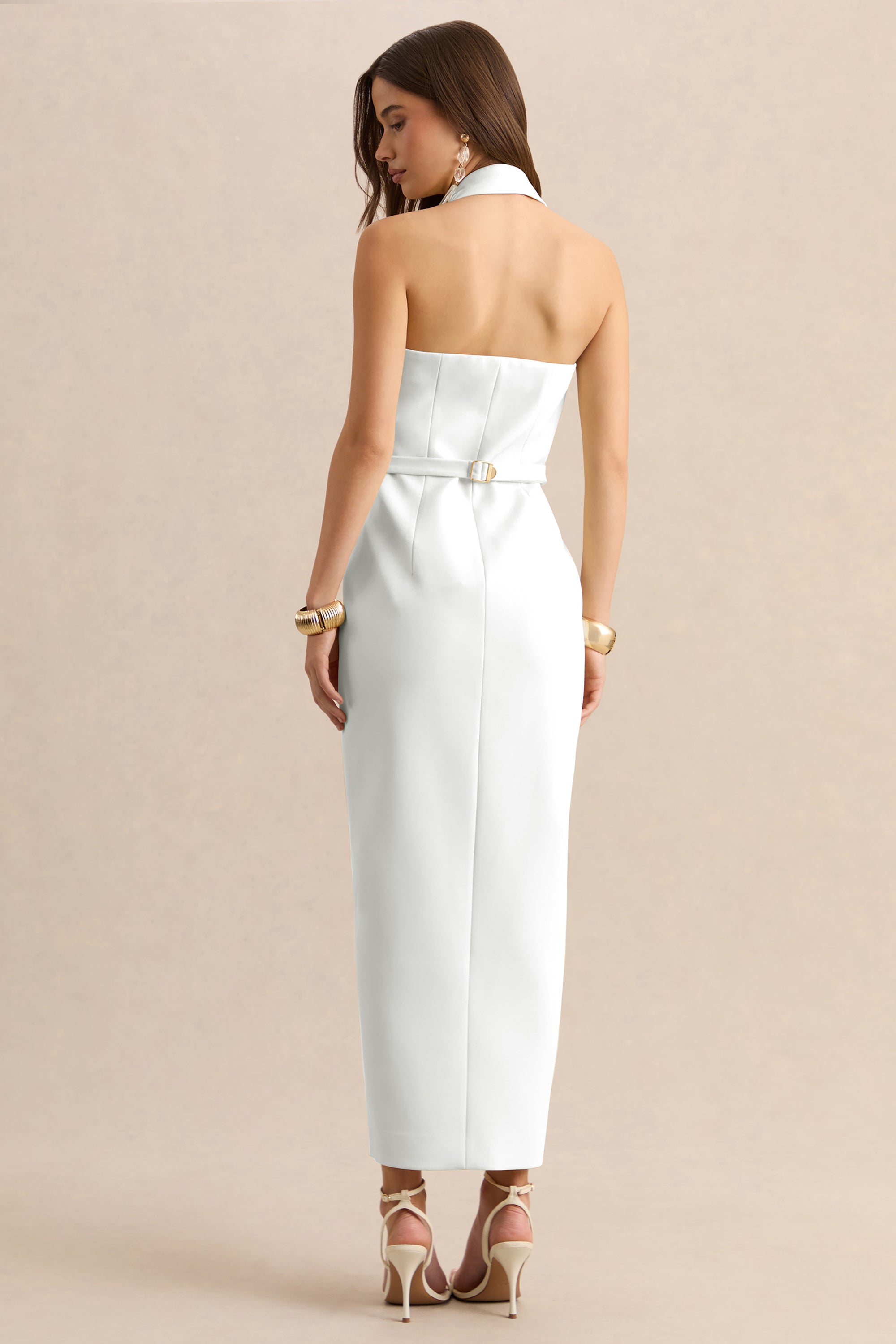 white plunge halter dress Charlotte Halter Plunge Maxi Dress - White