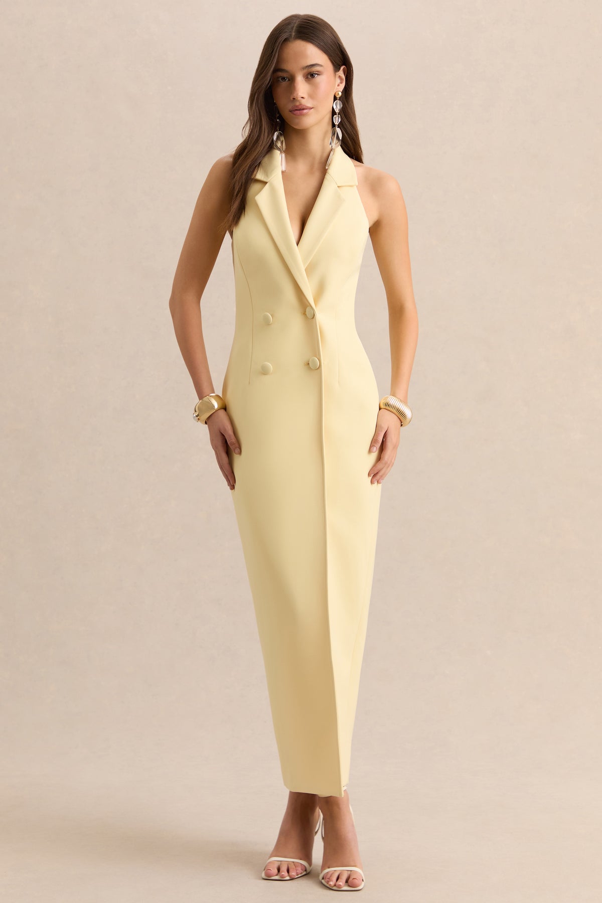 Hana | Lemon Plunge-Neck Tailored Maxi Dress Hana | Lemon Plunge-Neck Tailored Maxi Dress