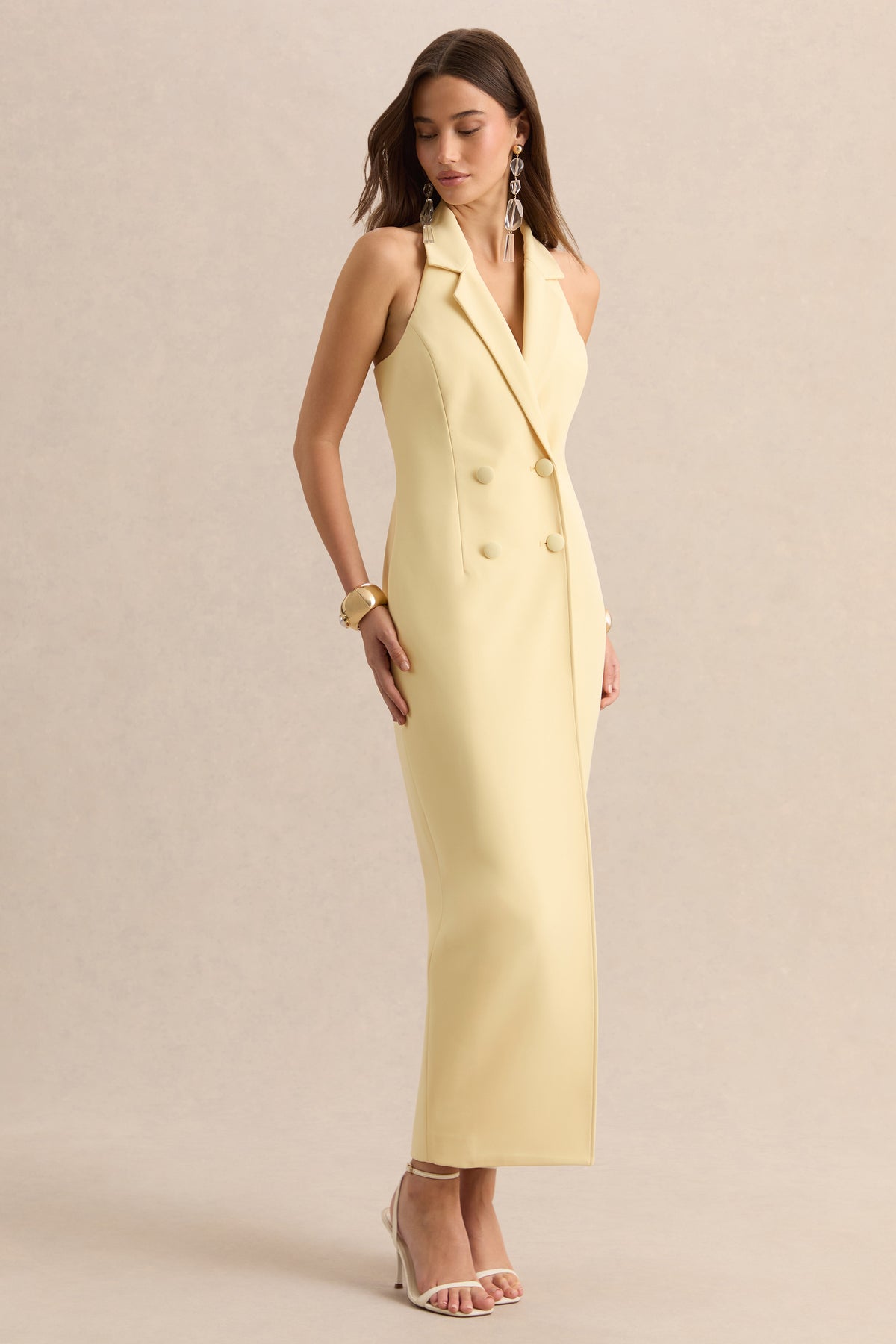 Hana | Lemon Plunge-Neck Tailored Maxi Dress Hana | Lemon Plunge-Neck Tailored Maxi Dress