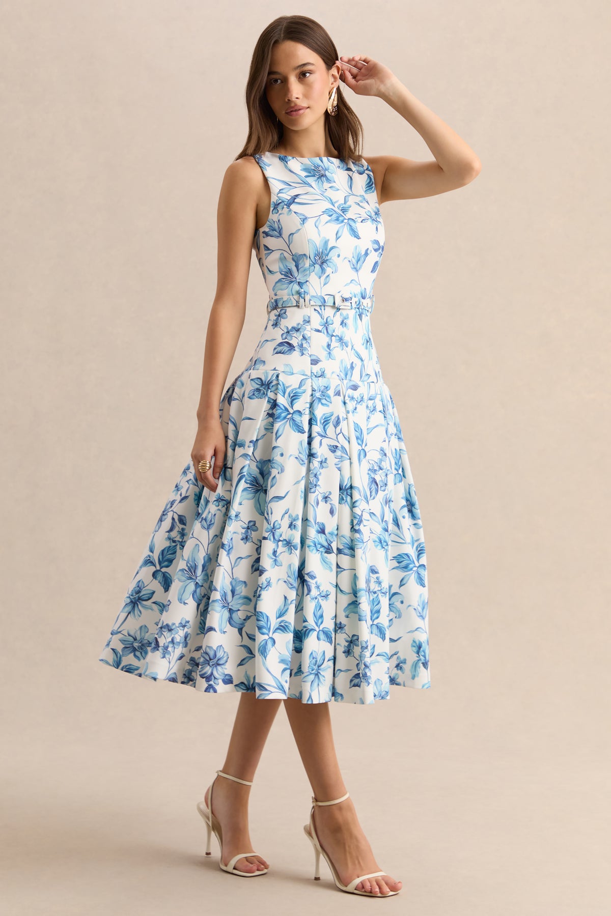 Sunnira Blue Porcelain Print Boat-Neck Midi Dress With Drop-Waist Club L London - USA Sunnira Blue Porcelain Print Boat-Neck Midi Dress With Drop-Waist Club L London - USA