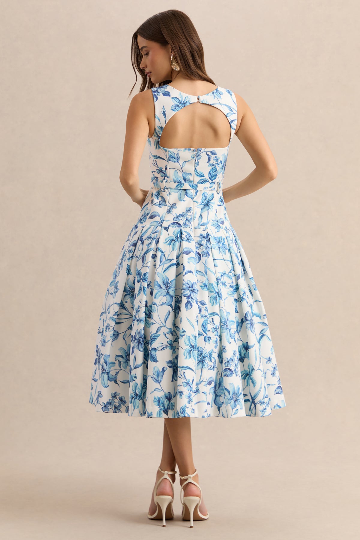 Sunnira Blue Porcelain Print Boat-Neck Midi Dress With Drop-Waist Club L London - USA Sunnira Blue Porcelain Print Boat-Neck Midi Dress With Drop-Waist Club L London - USA