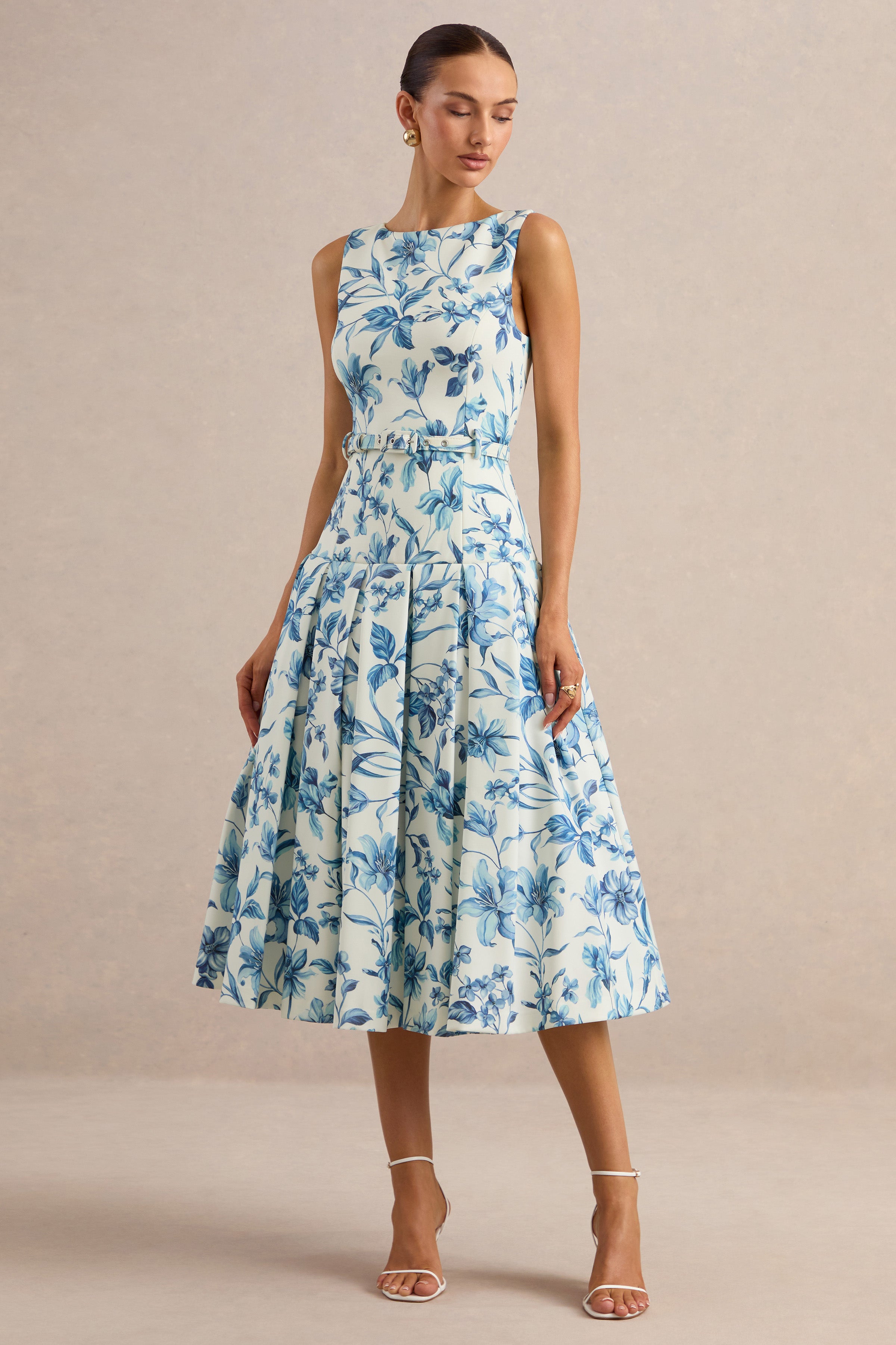 ワンピース Boatneck Dress (Ice Blue) Sunnira | Blue Porcelain Print Boat-Neck Midi Dress With Drop