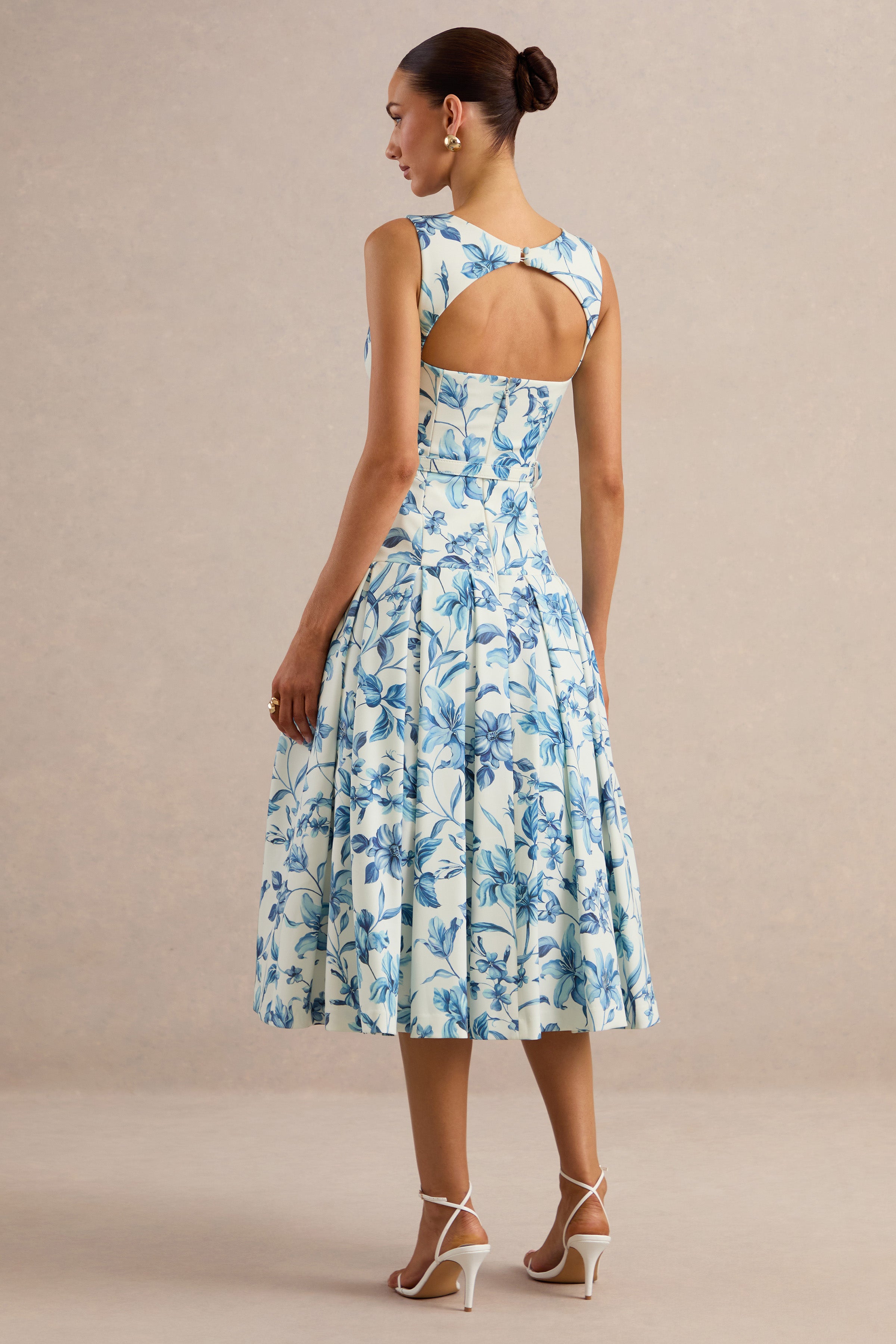 Sunnira | Blue Porcelain Print Boat-Neck Midi Dress With Drop