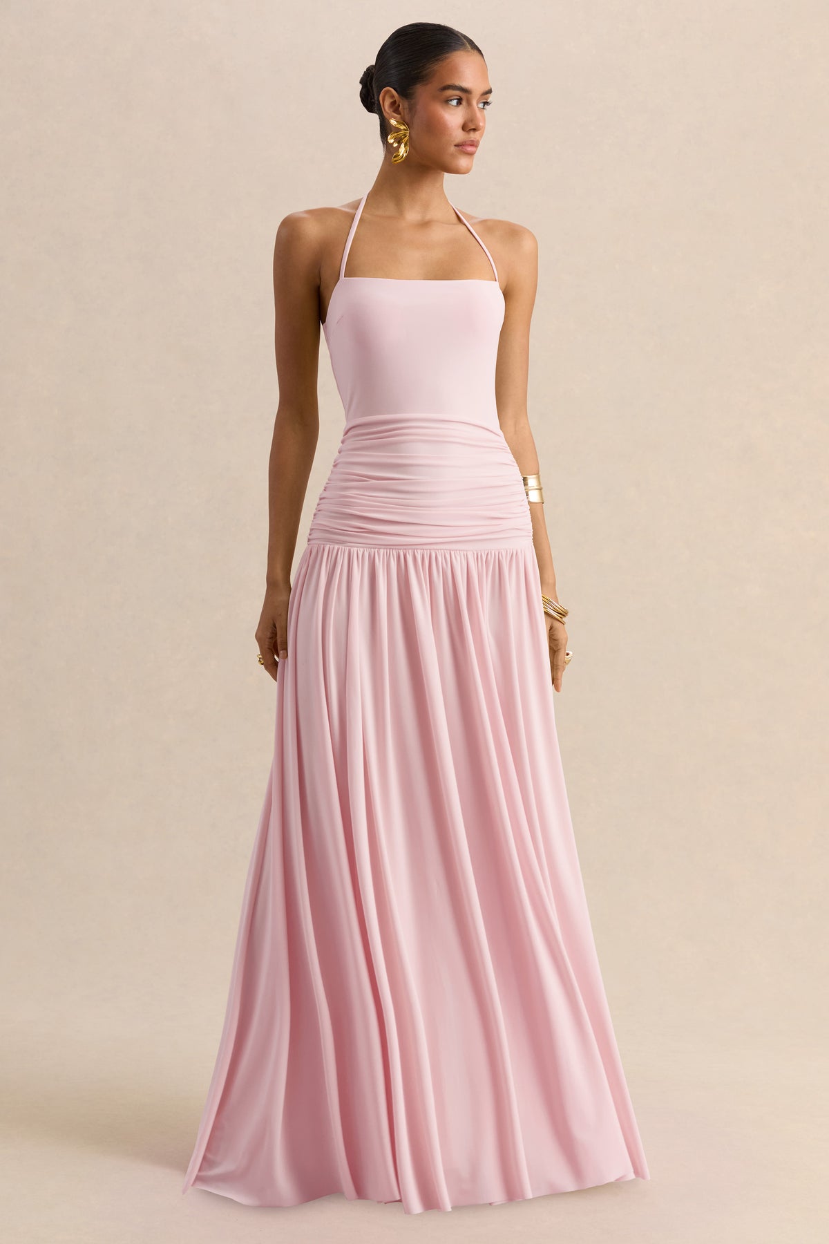 pink maxi dress for wedding Nicolette Pink Square-Neck Maxi Dress With Ruched-Detailing – Club L London