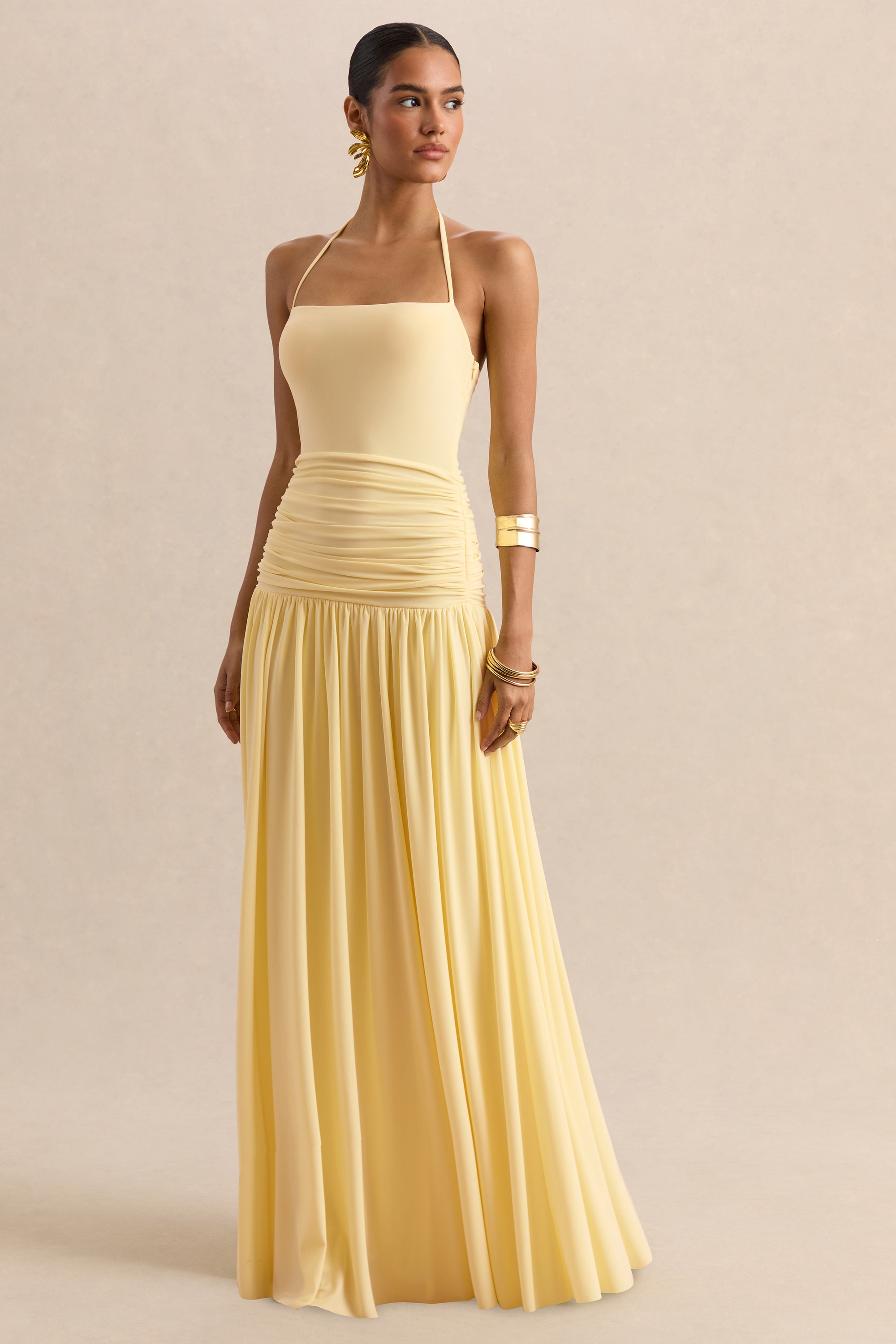 love&lemonade ruched detail backless floor length slip dress LOVE&LEMONADE Ruched Backless Floor Length Satin Slip Dress