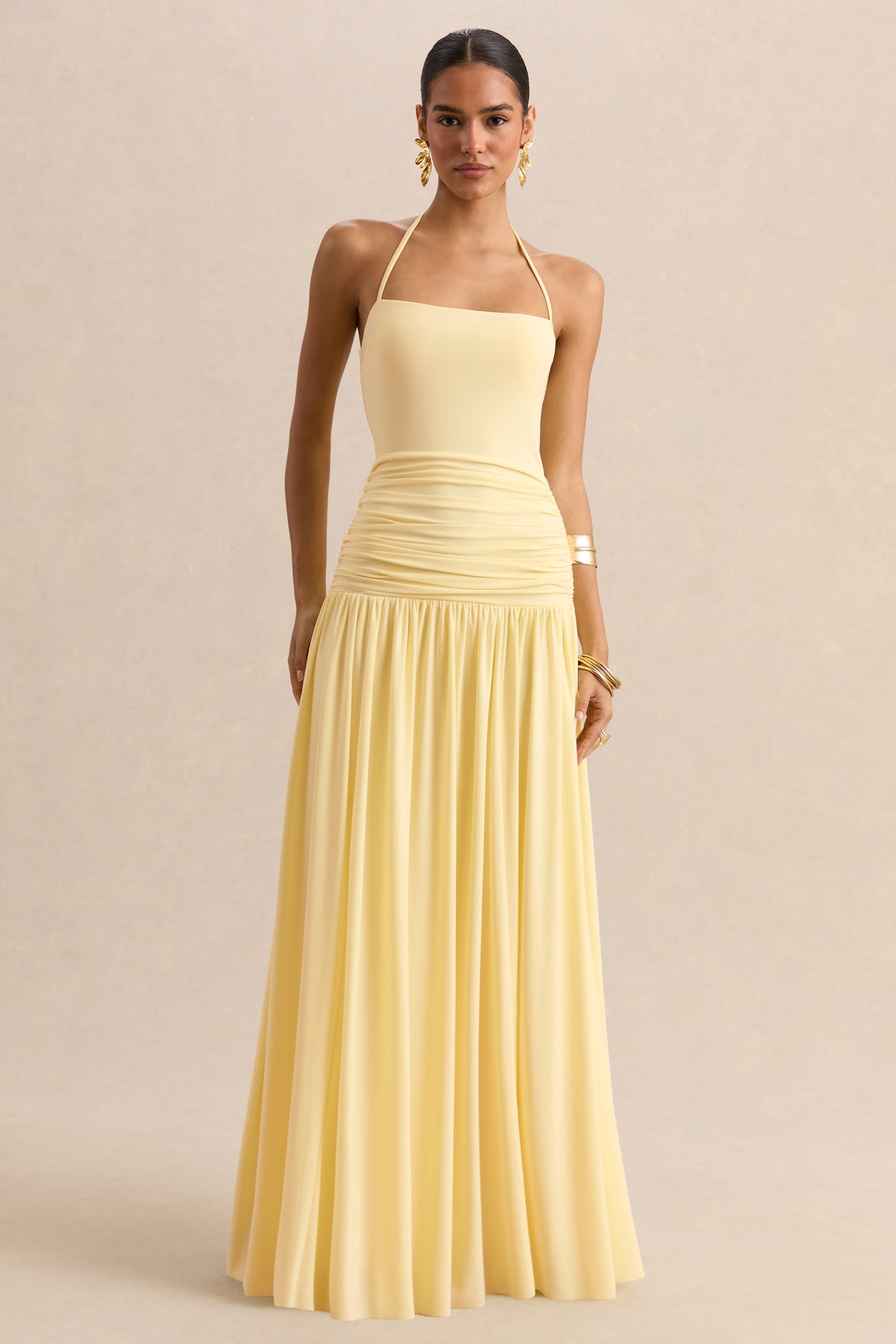 Nicolette Lemon Square-Neck Maxi Dress With Ruched-Detailing – Club L London Nicolette Lemon Square-Neck Maxi Dress With Ruched-Detailing – Club L London