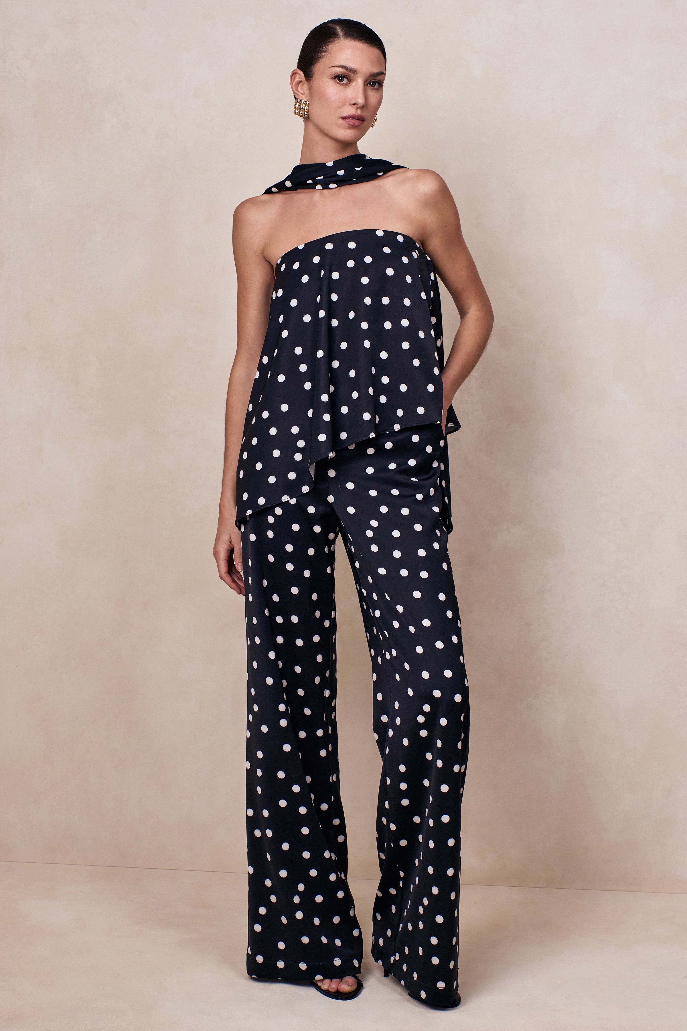Seloria | Black & White Satin Polka Dot Wide-Leg Trouser – Club L