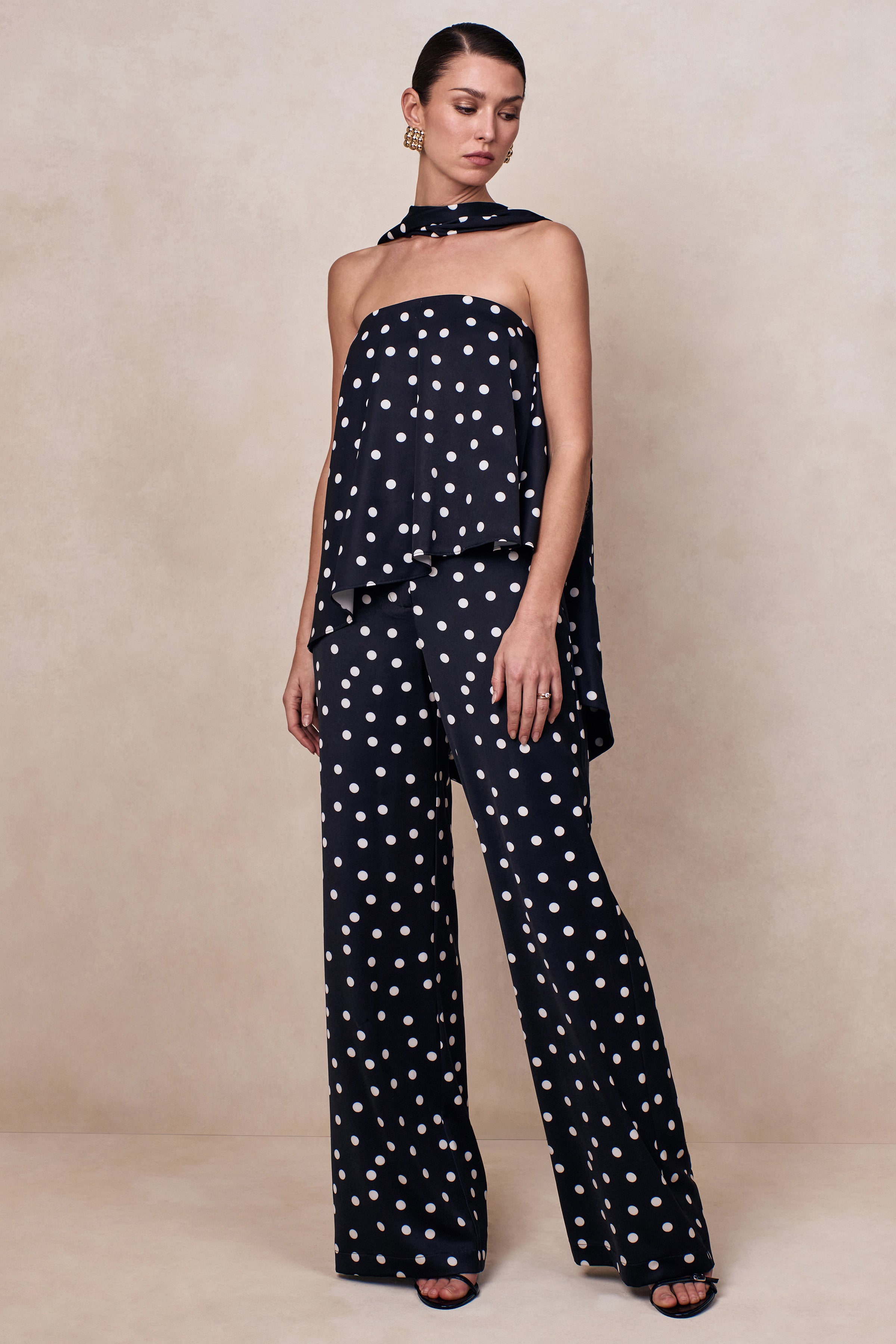 Seloria | Black & White Satin Polka Dot Wide-Leg Trouser – Club L