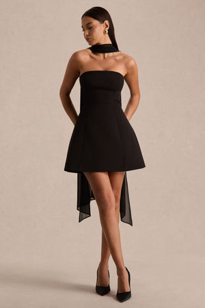 Noor | Black Bandeau-Neck Mini Dress With Scarf Detail