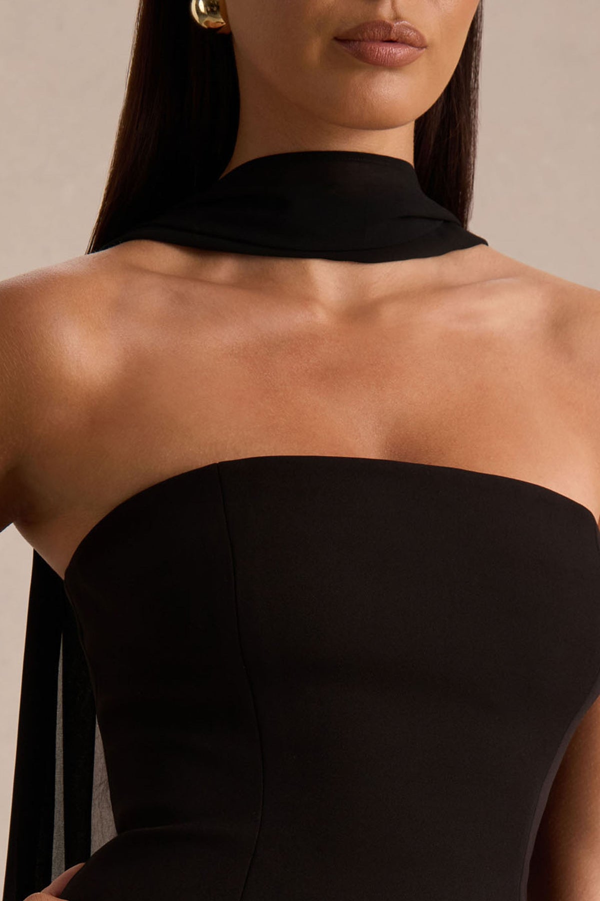 scarf detail mini dress awaylee Noor Black Bandeau-Neck Mini Dress With Scarf Detail – Club L London