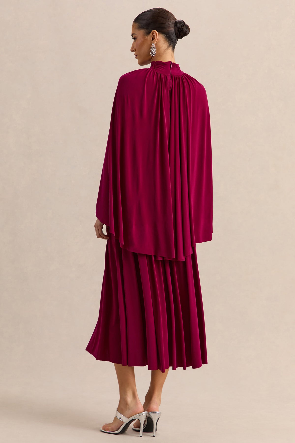 Honora Burgundy High-Neck Midi Dress With Cape-Sleeves – Club L London