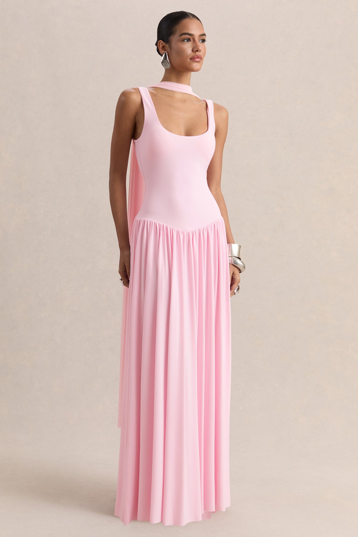 square neckline pink dress Aurina | PINK Square-Neck Maxi Dress With Cape