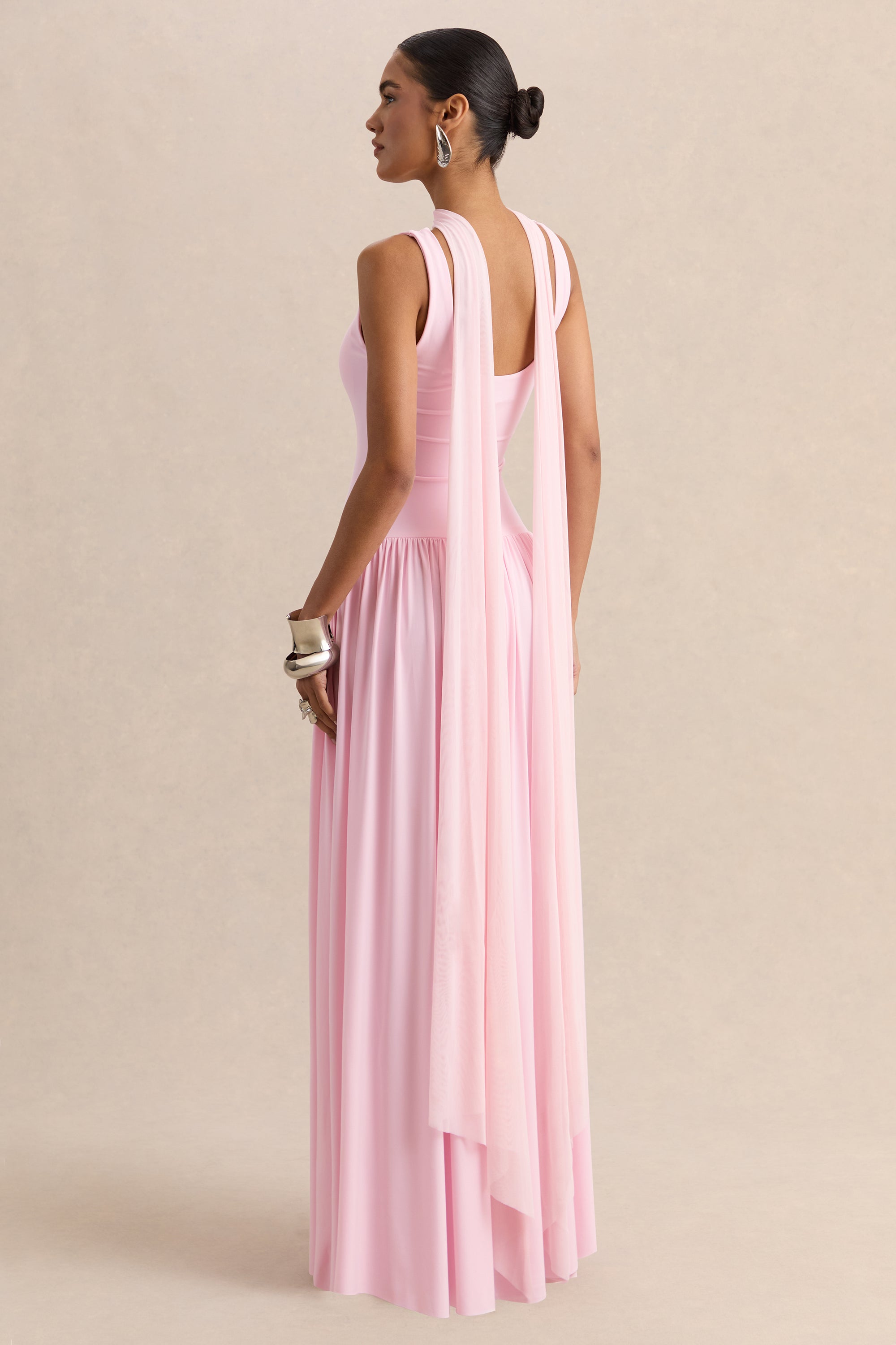 Aurina | PINK Square-Neck Maxi Dress With Cape