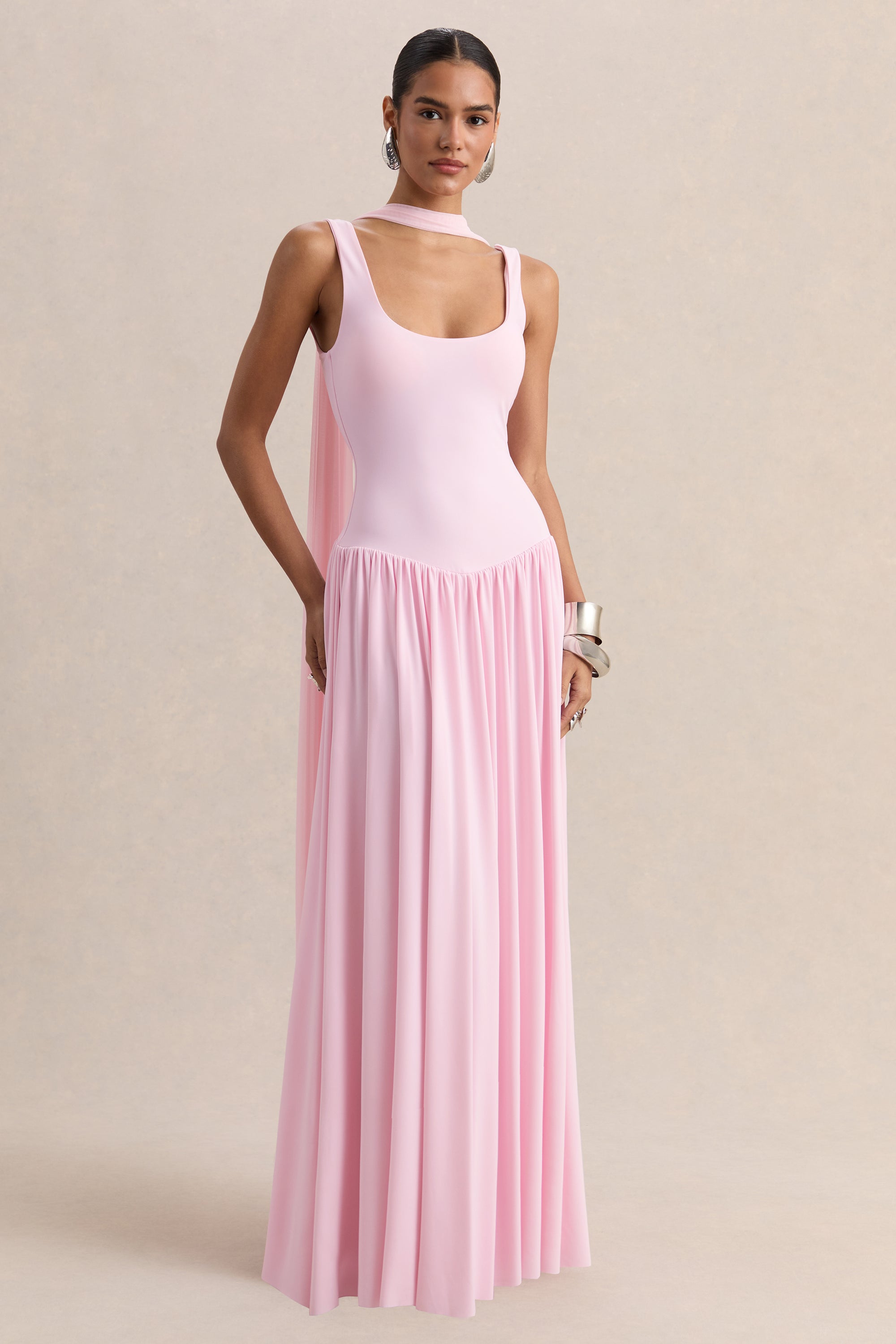 Aurina | PINK Square-Neck Maxi Dress With Cape