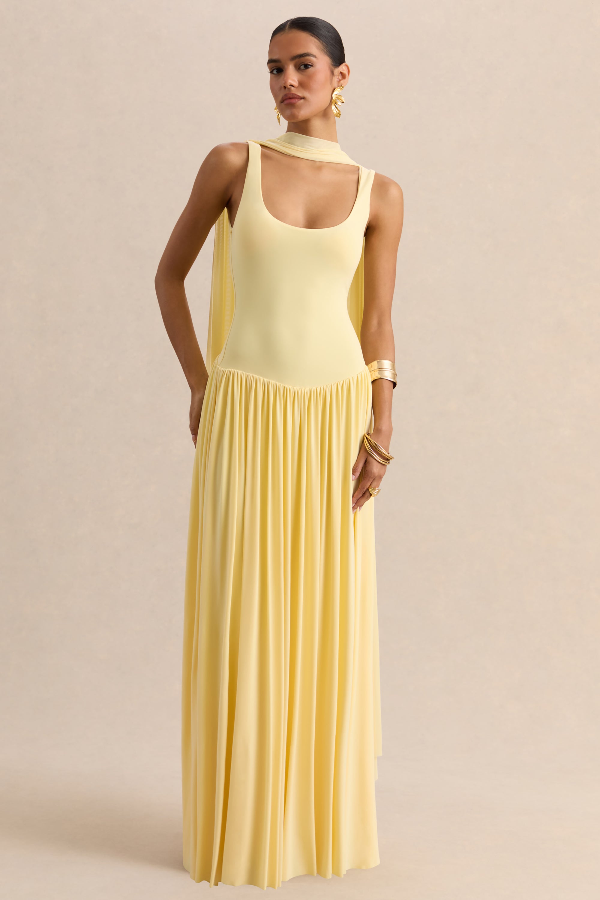 yellow maxi dress with neck scarf Soleil