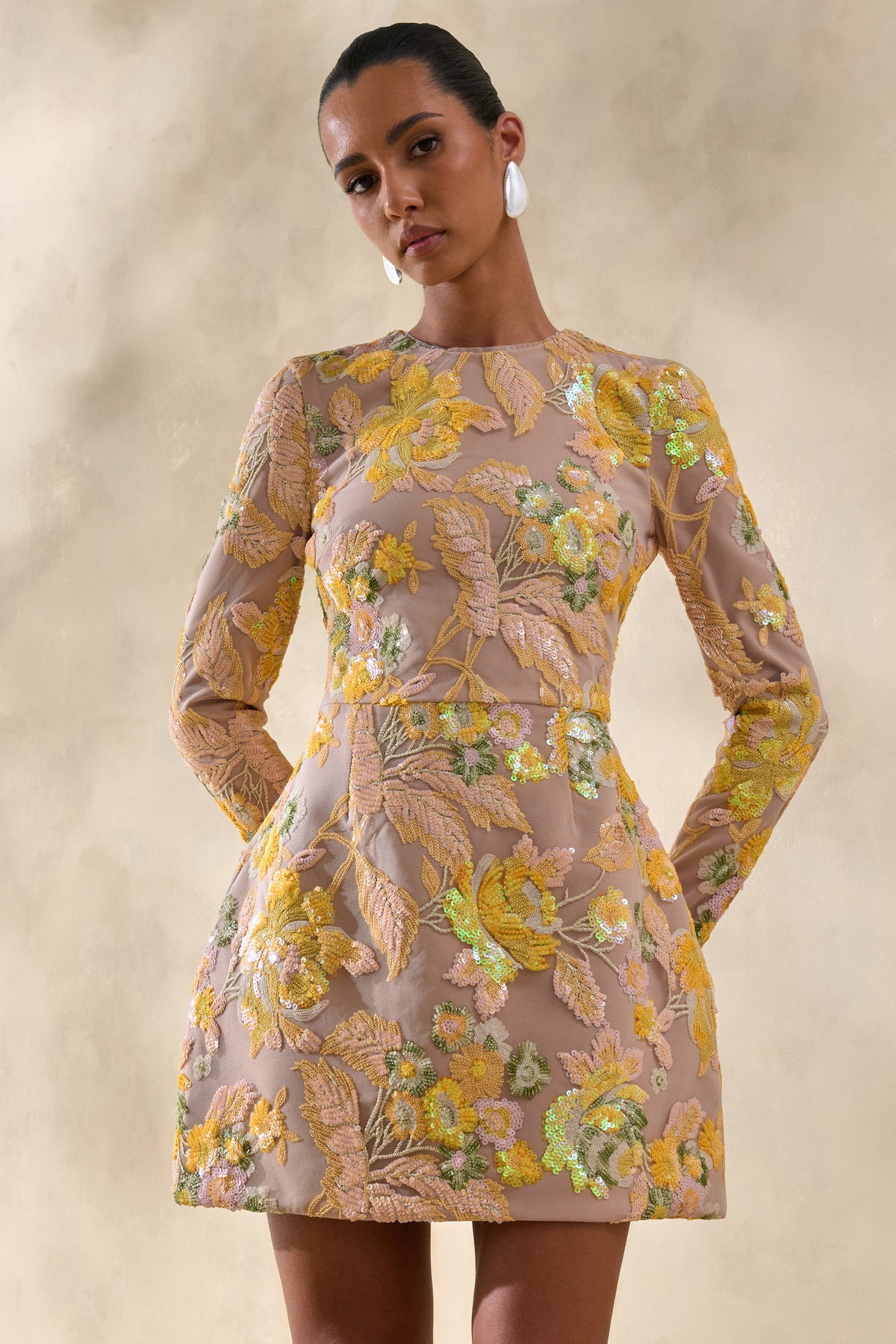 Merdia Yellow Embellished Floral Crew-Neck Mini Dress Club L London - USA Merdia Yellow Embellished Floral Crew-Neck Mini Dress Club L London - USA