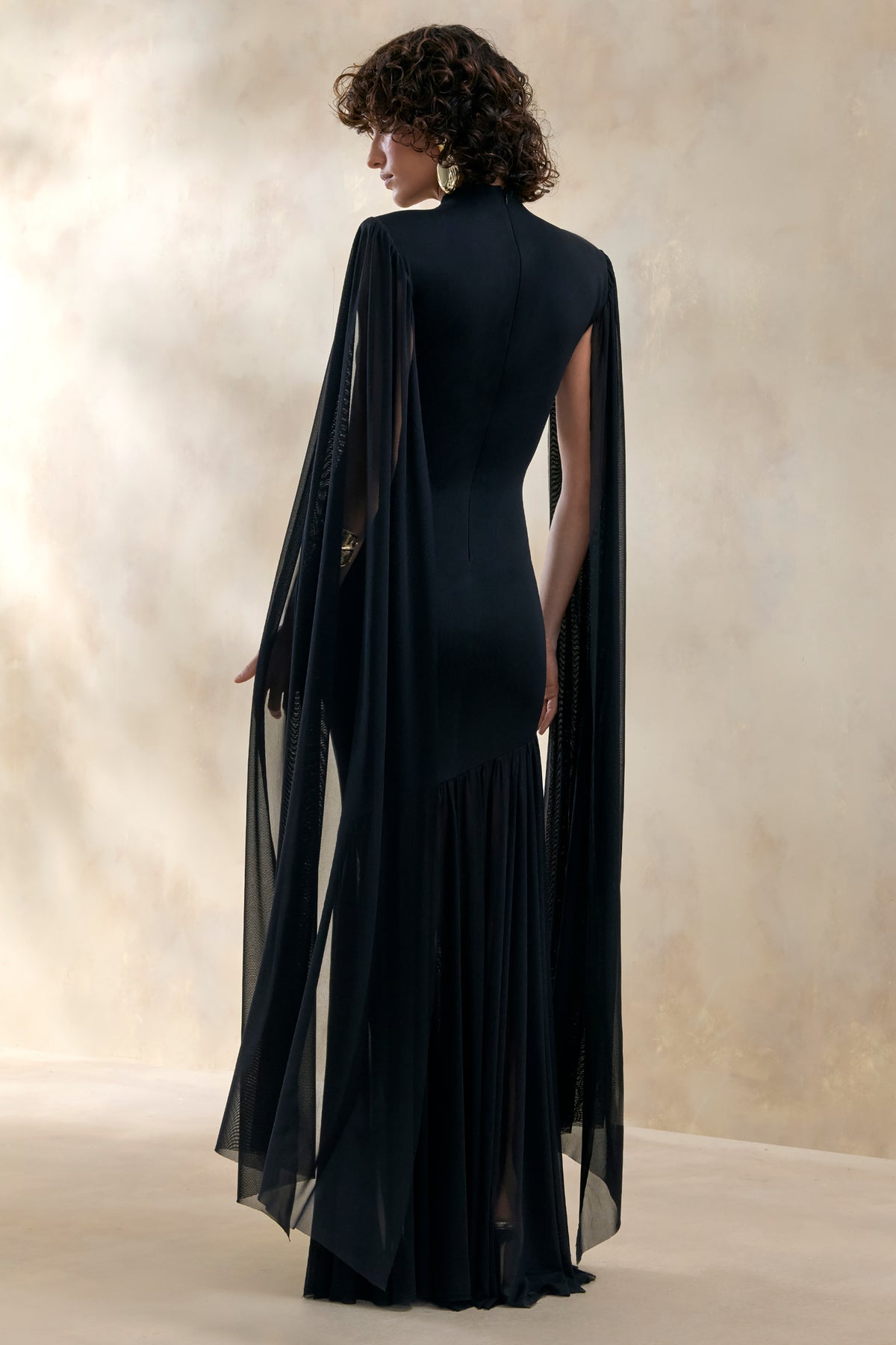 Chantelle | Black High-Neck Maxi Dress With Drop-Waist And Cape-Sleeves - UK 12 Black Chantelle | Black High-Neck Maxi Dress With Drop-Waist And Cape-Sleeves - UK 12 Black