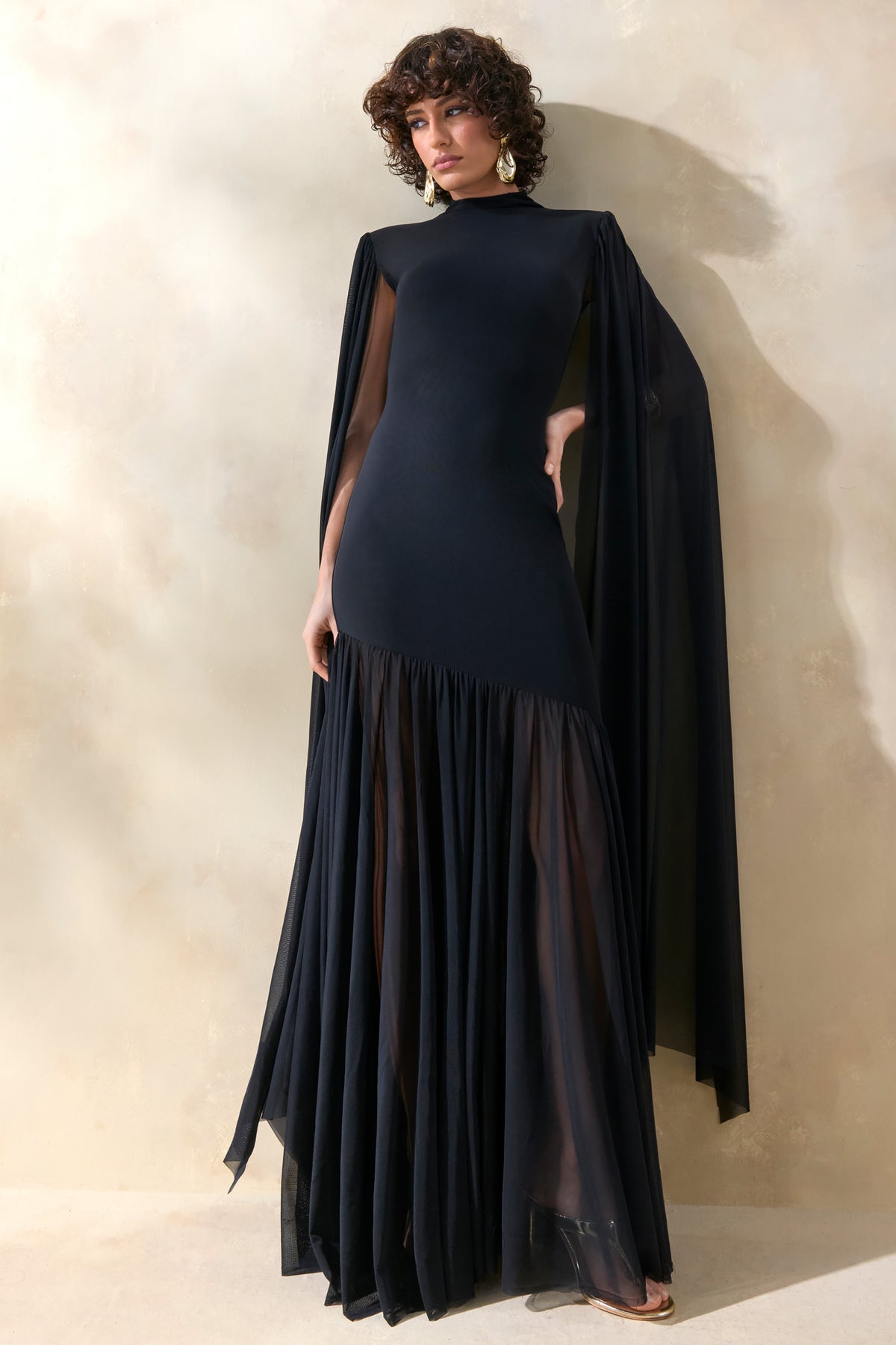 Chantelle | Black High-Neck Maxi Dress With Drop-Waist And Cape-Sleeves - UK 12 Black Chantelle | Black High-Neck Maxi Dress With Drop-Waist And Cape-Sleeves - UK 12 Black