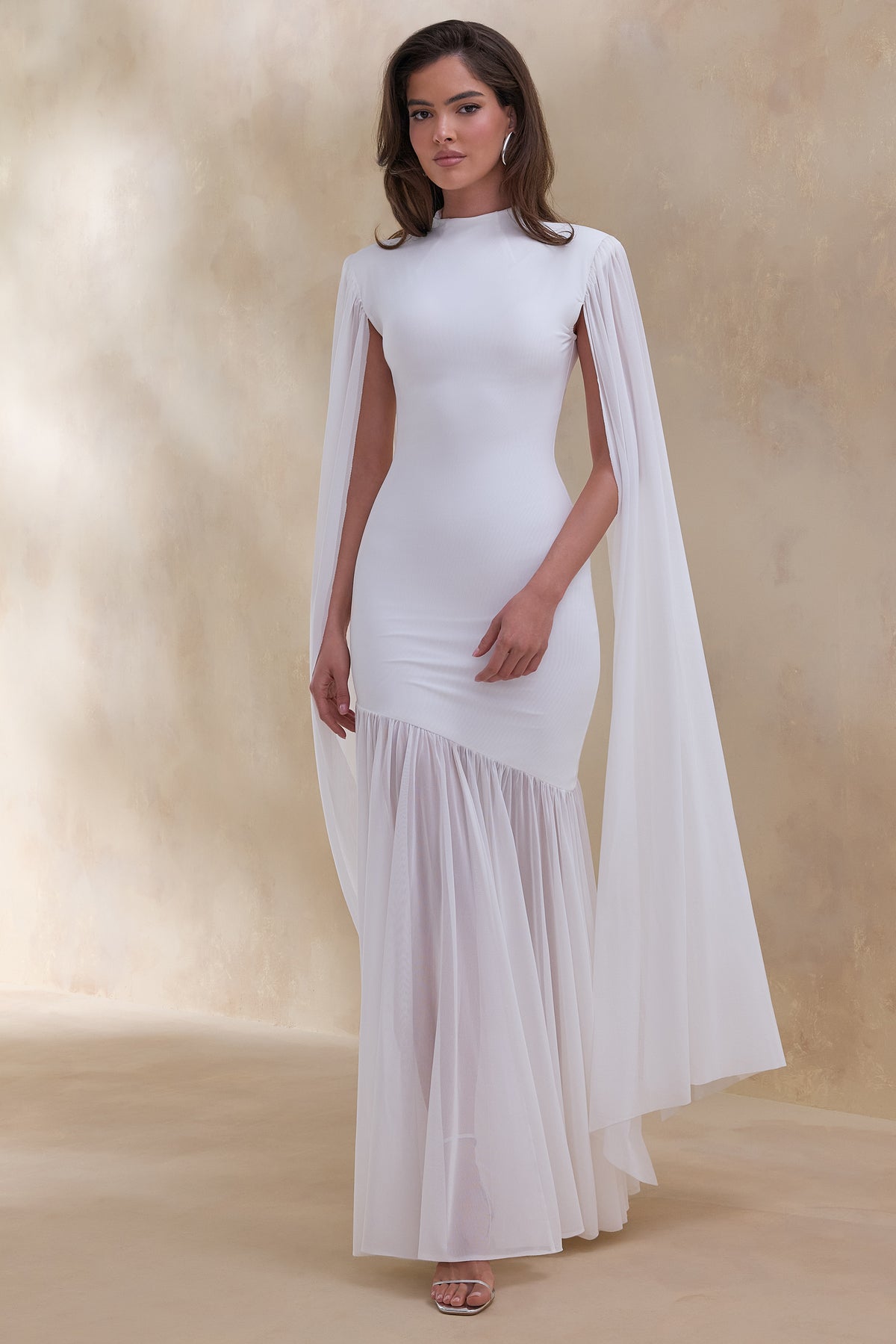white dress high neck Chantelle White High-Neck Maxi Dress With Drop-Waist And Cape-Sleeve – Club L London