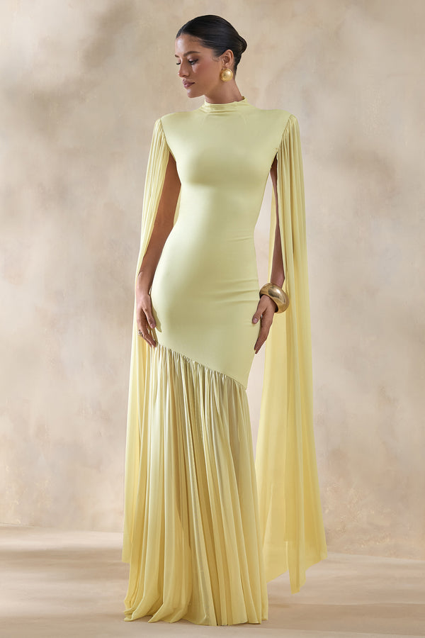 Chantelle | Lemon High-Neck Maxi Dress With Drop-Waist And Cape-Sleeves - UK 10 Lemon Chantelle | Lemon High-Neck Maxi Dress With Drop-Waist And Cape-Sleeves - UK 10 Lemon