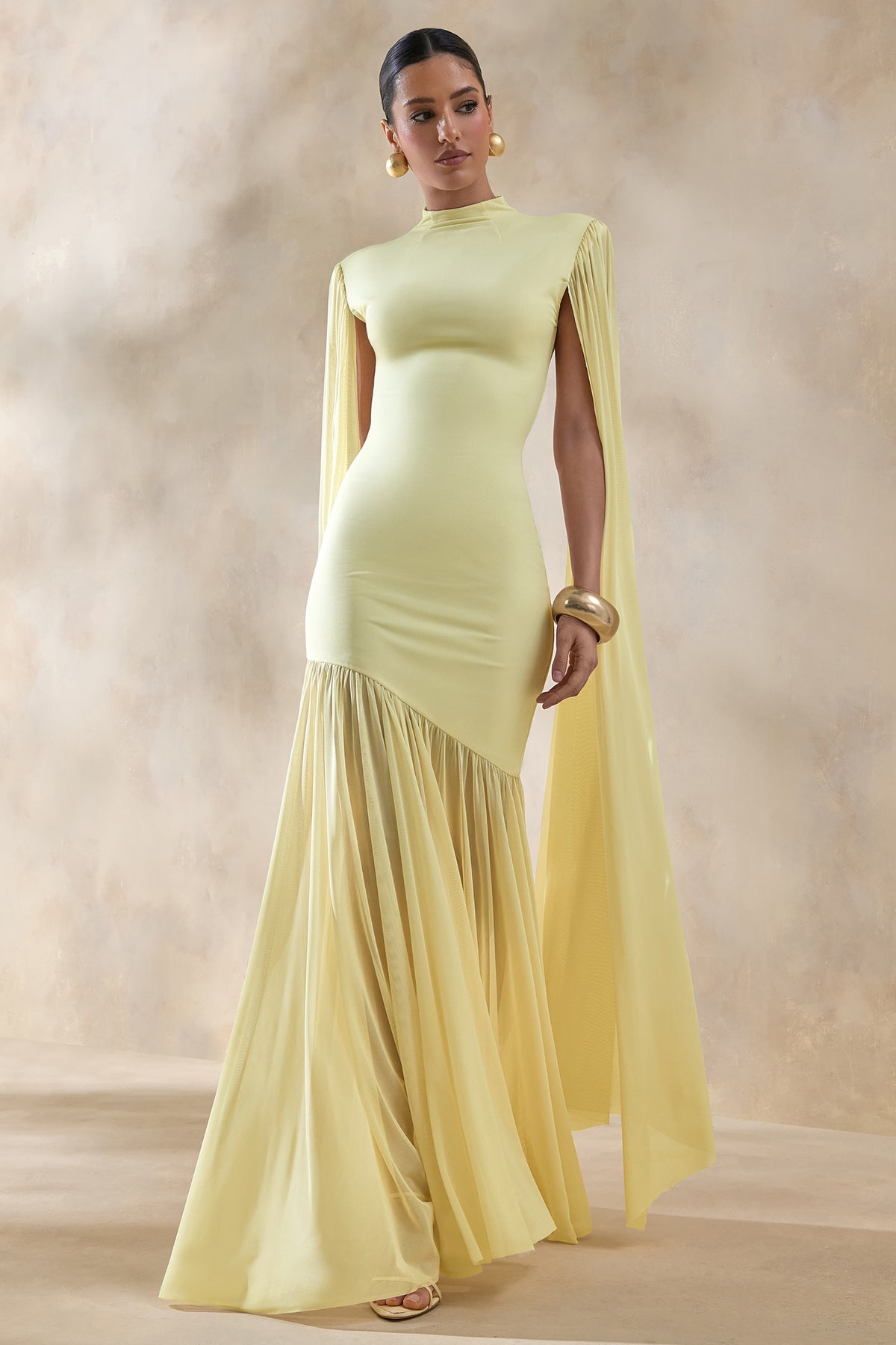 Chantelle | Lemon High-Neck Maxi Dress With Drop-Waist And Cape-Sleeves - UK 10 Lemon Chantelle | Lemon High-Neck Maxi Dress With Drop-Waist And Cape-Sleeves - UK 10 Lemon